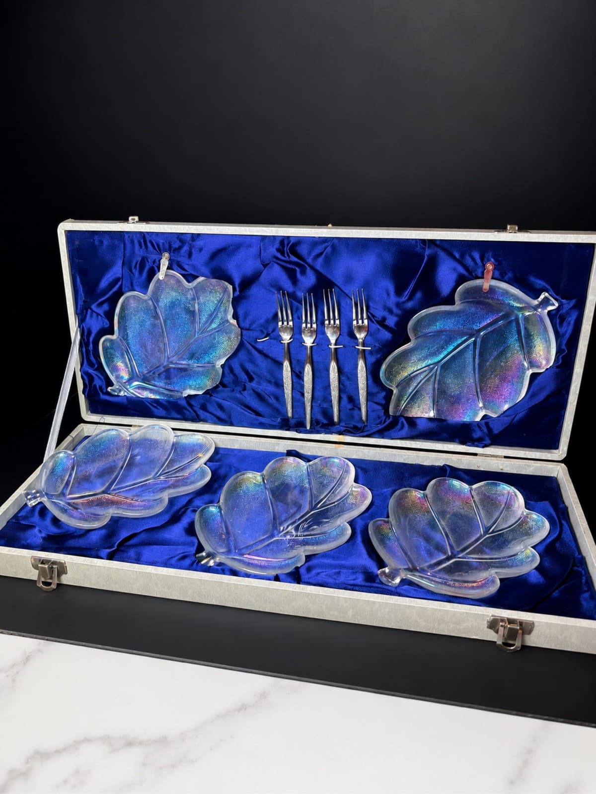 Vintage Walther Glas Germany Iridescent Oak Leaf Dessert Set Case 9 Pc Aurora - Thumbnail 2