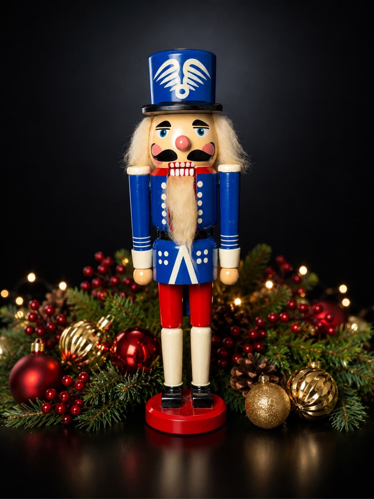 Wooden Nutcracker Soldier Figure Blue Red Uniform Christmas Decor 15” 1989