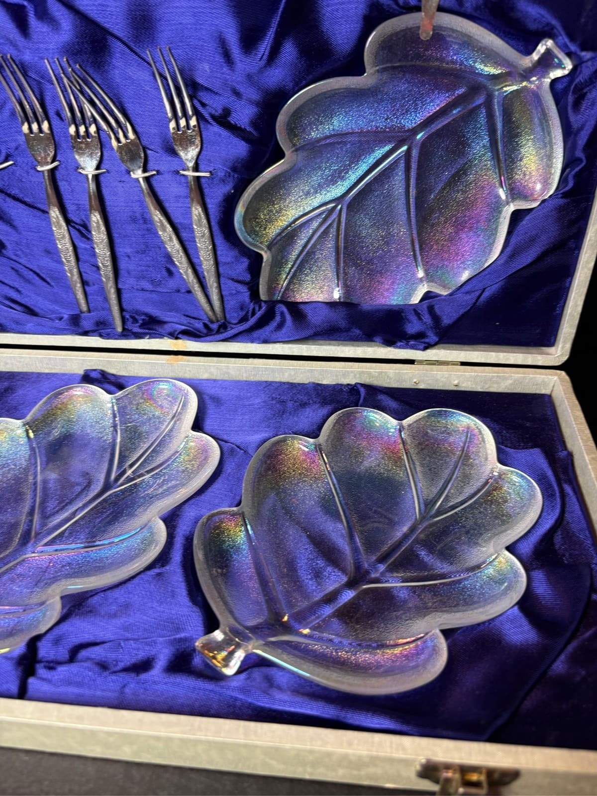 Vintage Walther Glas Germany Iridescent Oak Leaf Dessert Set Case 9 Pc Aurora - Thumbnail 5