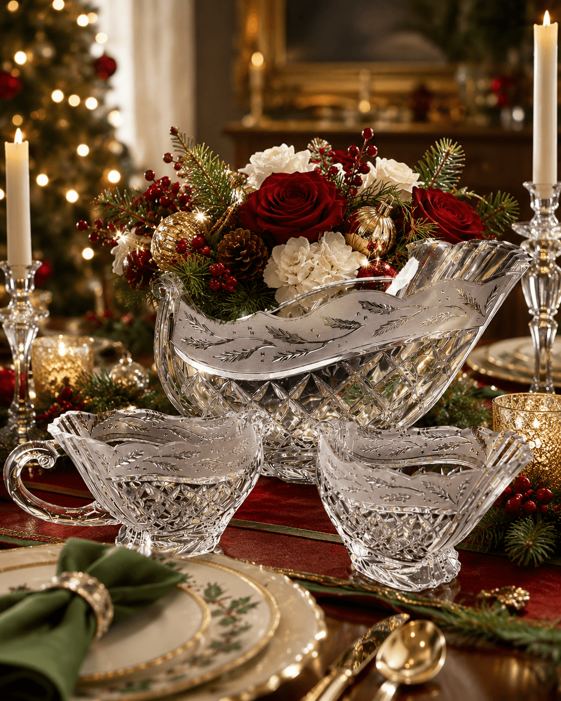 Gorham Crystal Holiday Traditions Christmas Sleigh Creamer Sugar 3 Pc Set - Thumbnail 2