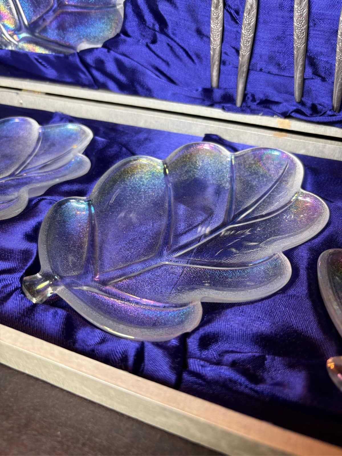 Vintage Walther Glas Germany Iridescent Oak Leaf Dessert Set Case 9 Pc Aurora - Thumbnail 11