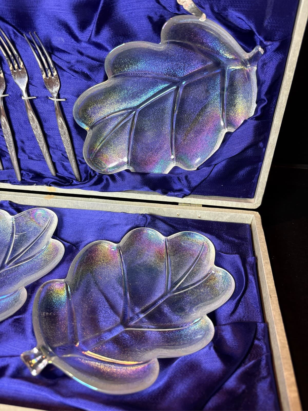 Vintage Walther Glas Germany Iridescent Oak Leaf Dessert Set Case 9 Pc Aurora - Thumbnail 9