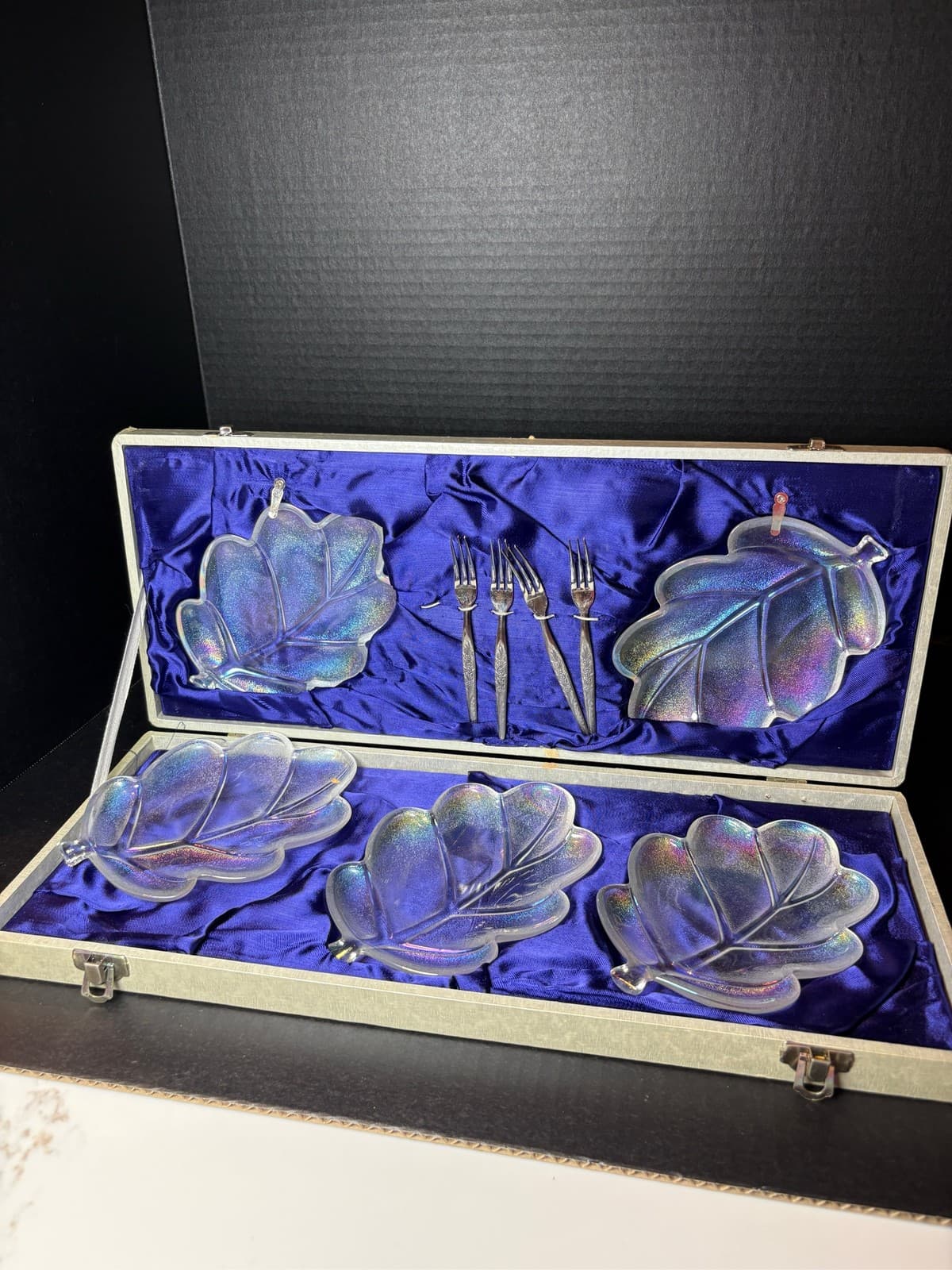 Vintage Walther Glas Germany Iridescent Oak Leaf Dessert Set Case 9 Pc Aurora - Thumbnail 7
