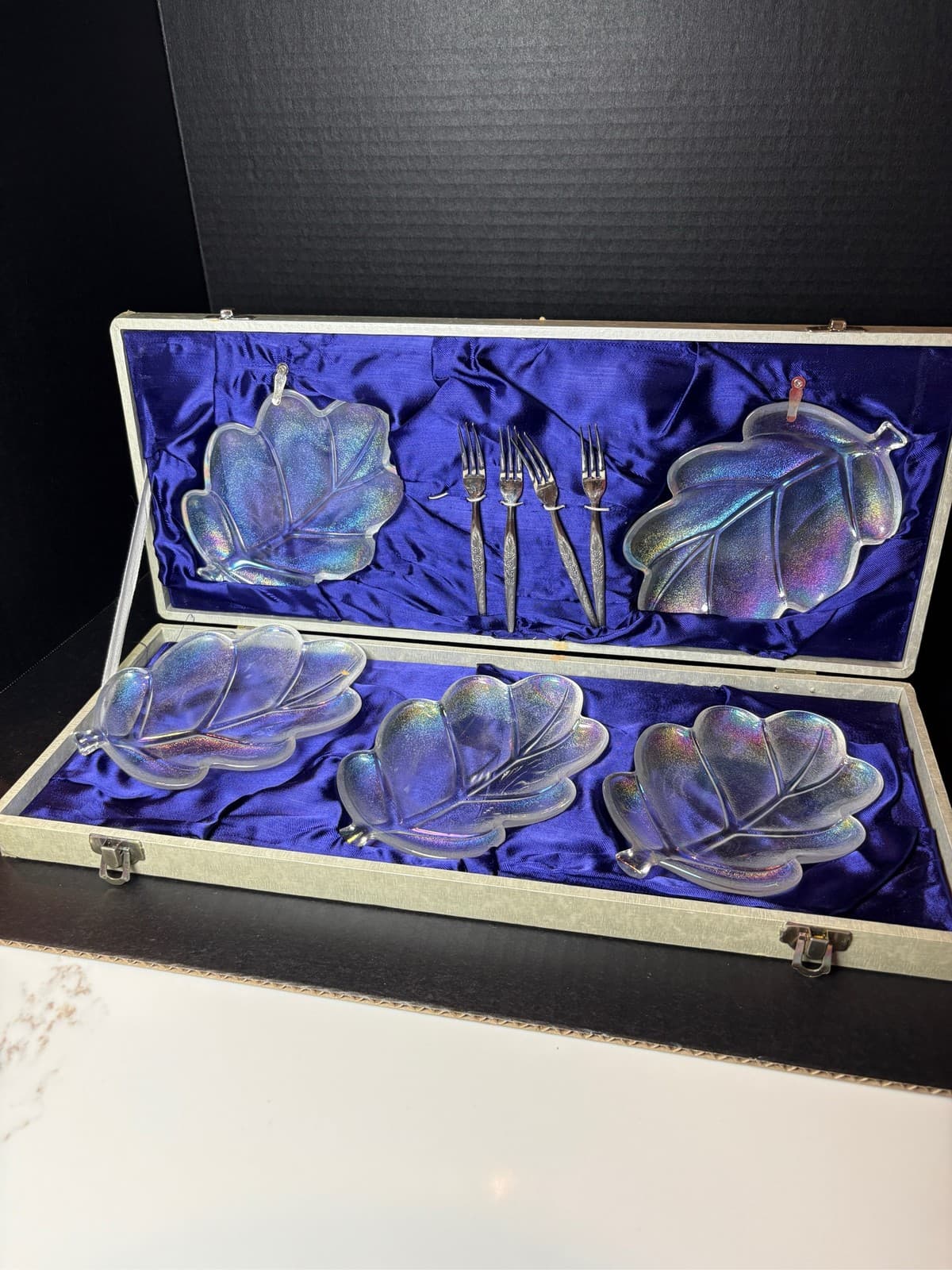 Vintage Walther Glas Germany Iridescent Oak Leaf Dessert Set Case 9 Pc Aurora - Thumbnail 6