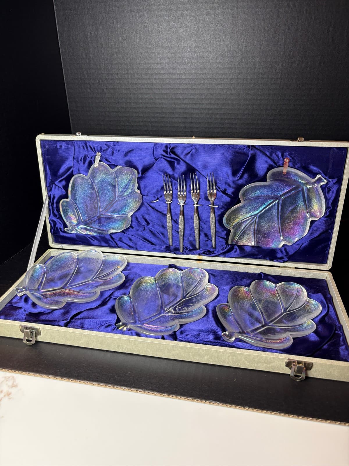 Vintage Walther Glas Germany Iridescent Oak Leaf Dessert Set Case 9 Pc Aurora - Thumbnail 4