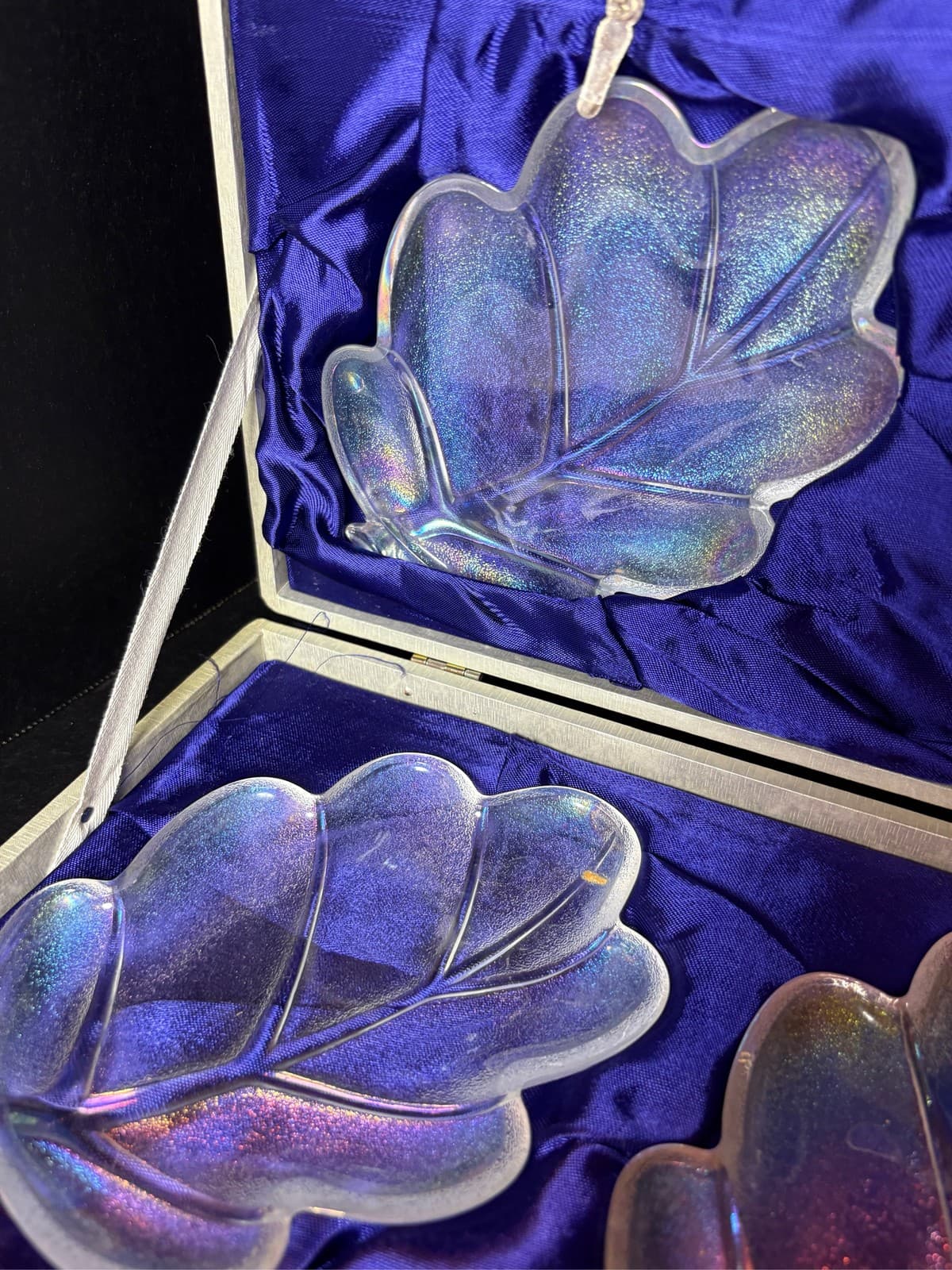Vintage Walther Glas Germany Iridescent Oak Leaf Dessert Set Case 9 Pc Aurora - Thumbnail 8