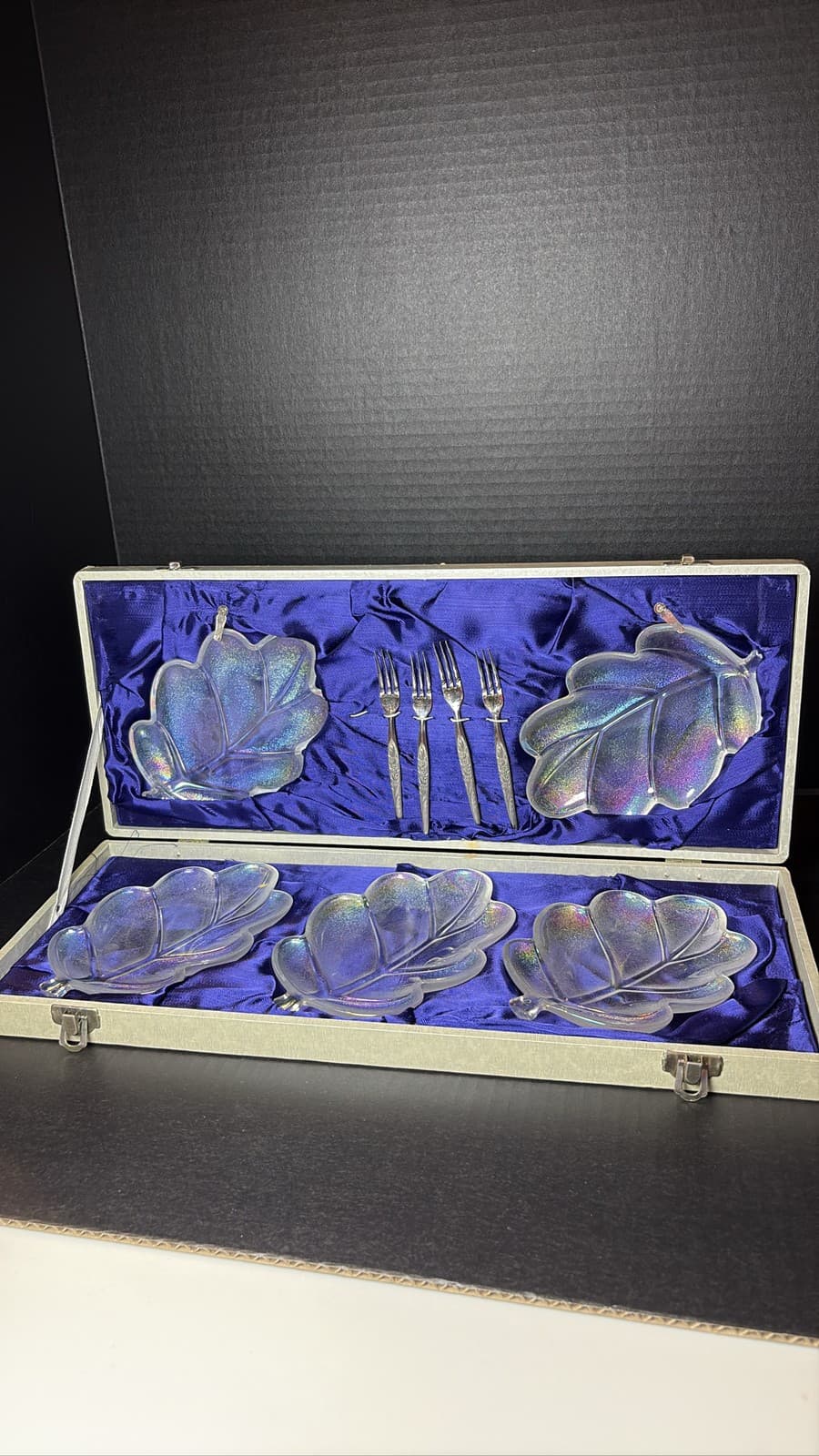 Vintage Walther Glas Germany Iridescent Oak Leaf Dessert Set Case 9 Pc Aurora
