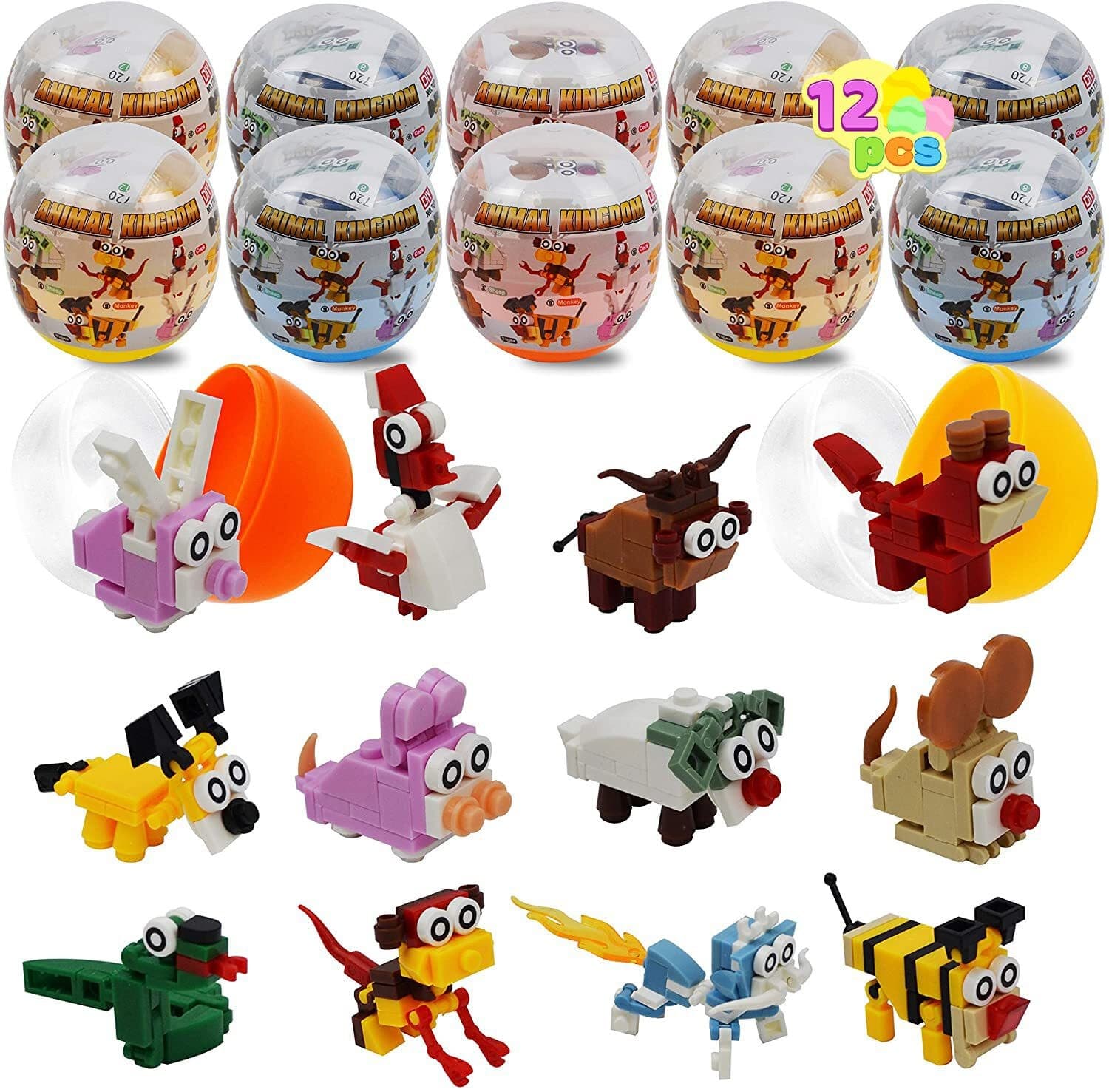 12 Pcs Surprise Eggs with Animal Building Blocks, Party Favor, Classroom Prize