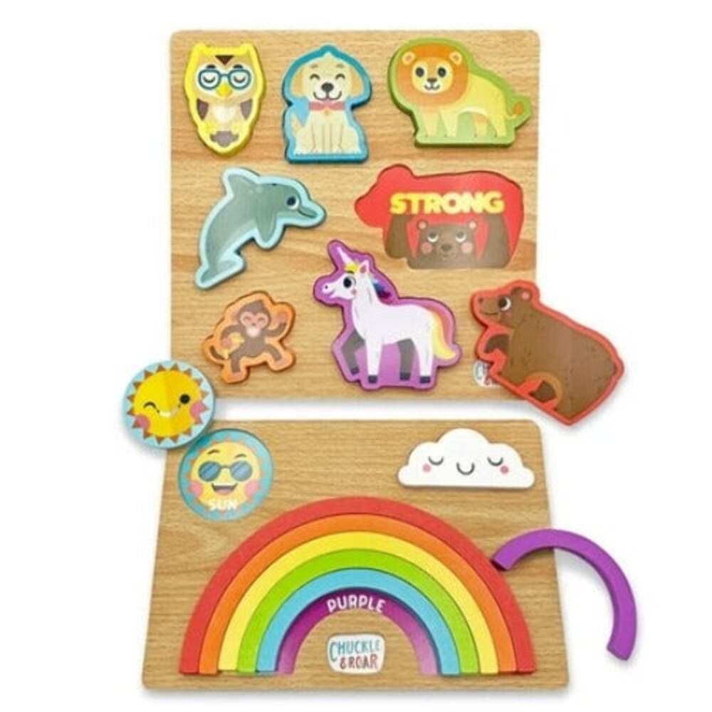 2pk Chuckle & Roar Wood Puzzles Rainbow Animals With Hidden Words Learning STEM