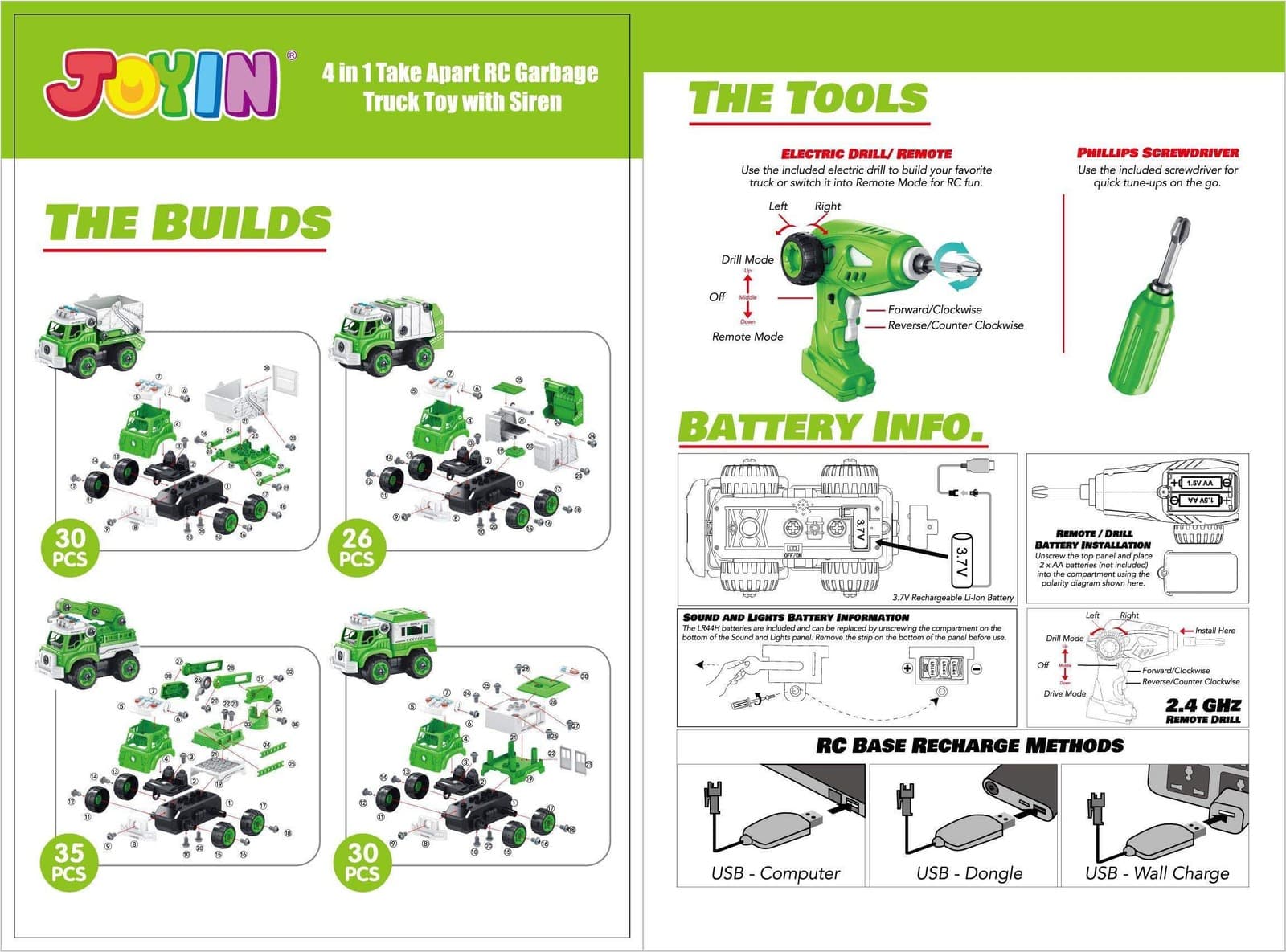 JOYIN 4 in 1 Take Apart Toys with Electric Drill, Remote Control Garbage Truck - Thumbnail 6