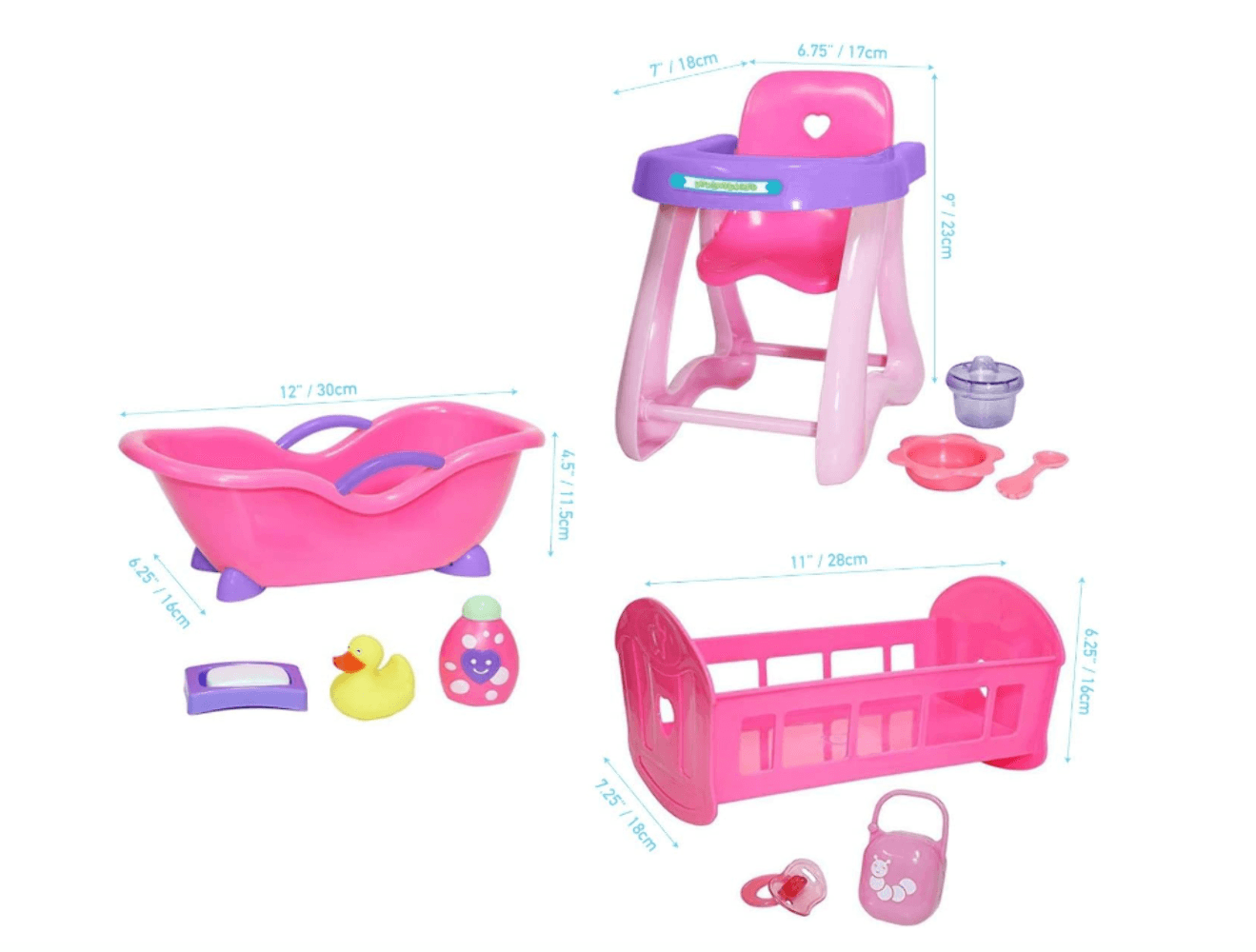 JC Toys Deluxe Doll Accessory Bundle | High Chair, Crib, Bath and Extra Accessor