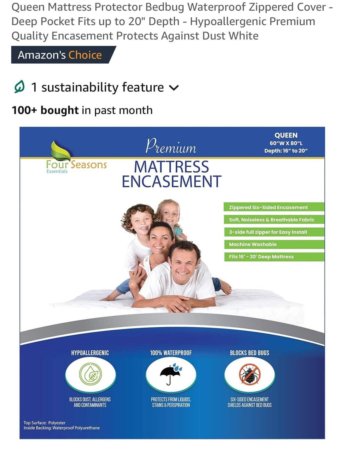 Queen Mattress Protector Bedbug Waterproof Zippered Cover - Deep Pocket Fits up