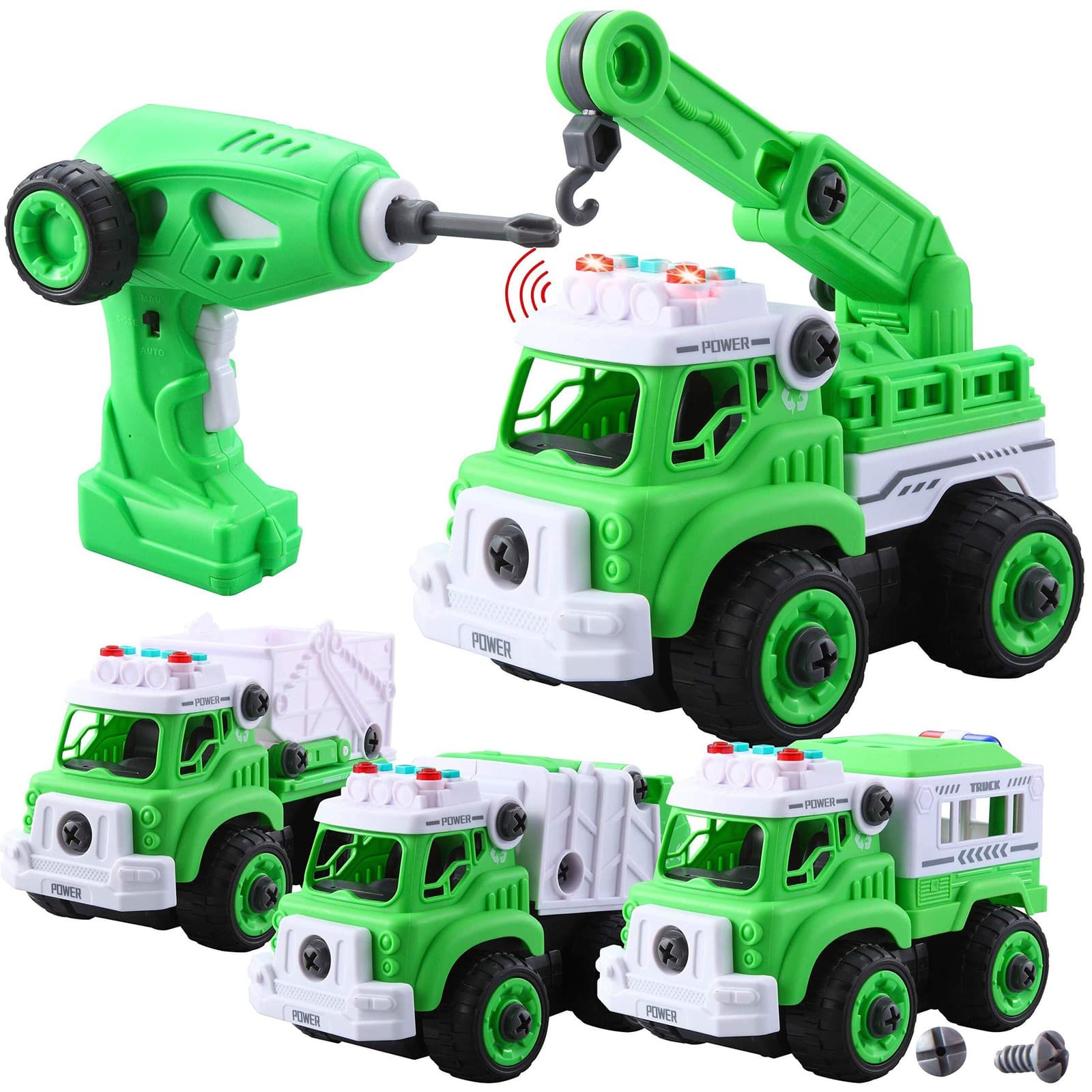 JOYIN 4 in 1 Take Apart Toys with Electric Drill, Remote Control Garbage Truck