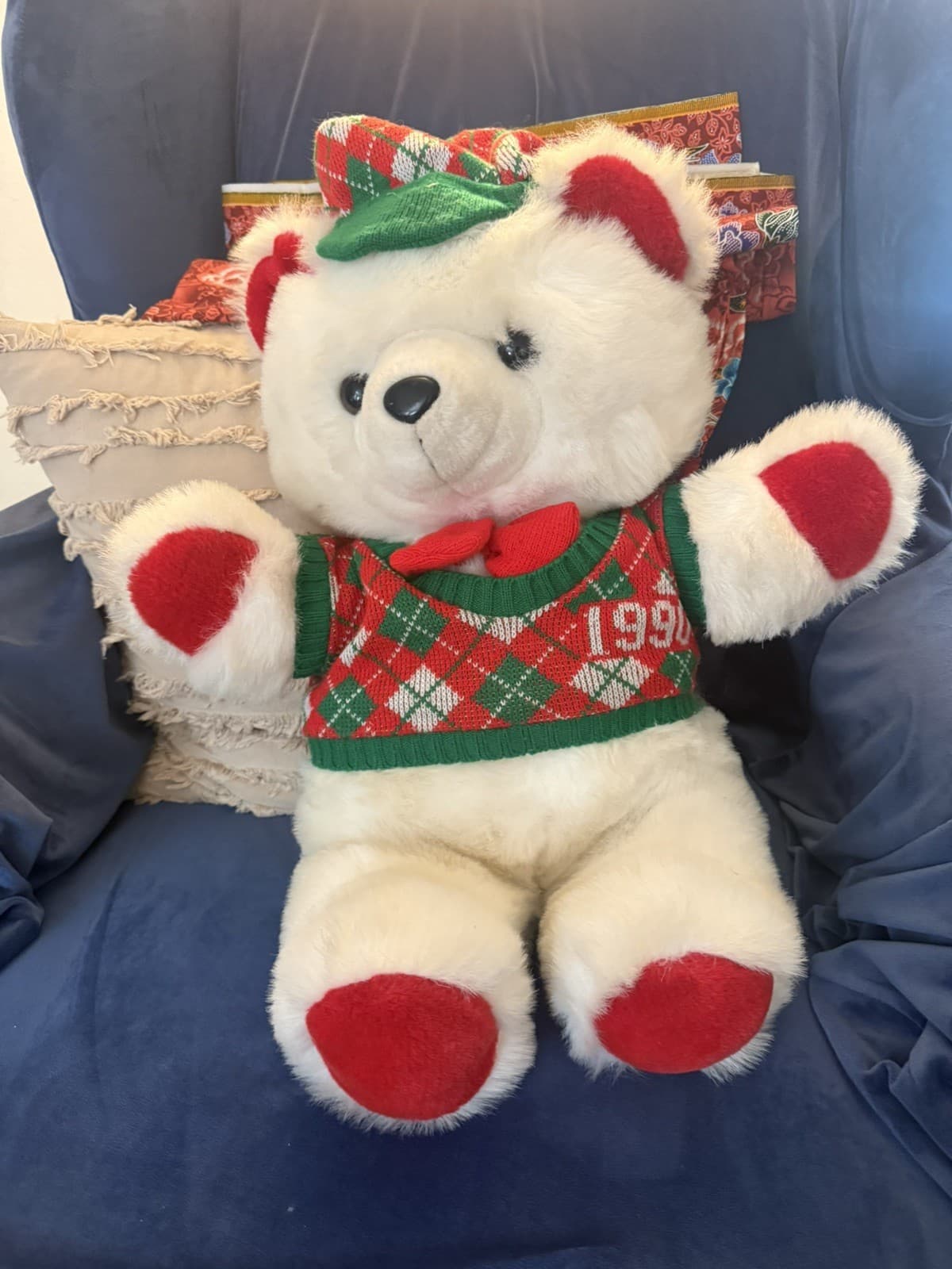 Kmart Christmas Plush White Teddy Bear Boy 1990 16" Red Green plaid hat sweater - Thumbnail 2