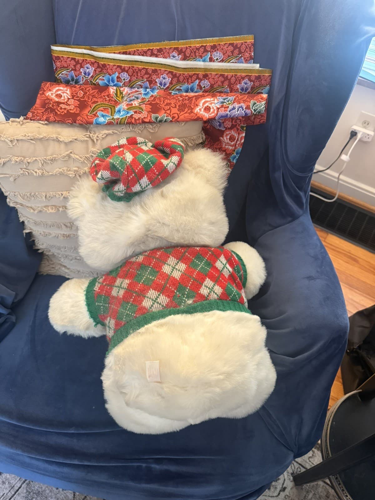 Kmart Christmas Plush White Teddy Bear Boy 1990 16" Red Green plaid hat sweater - Thumbnail 3