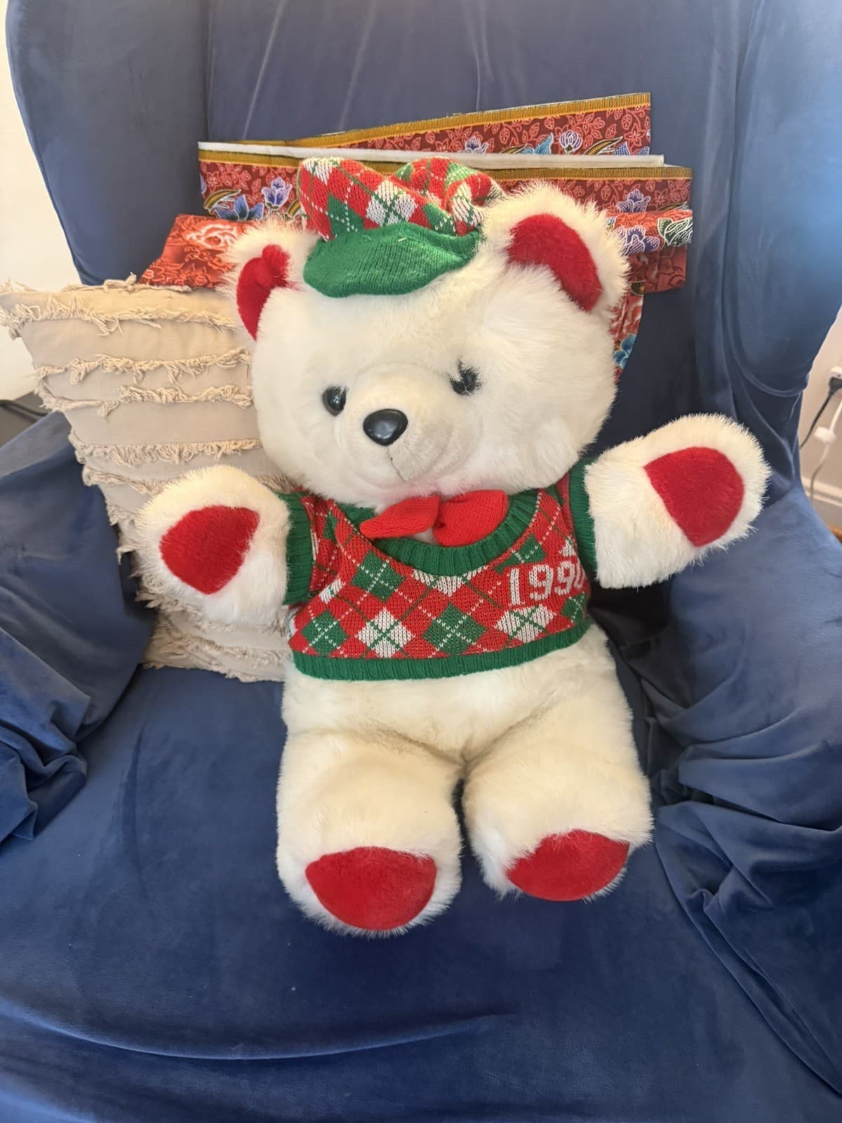 Kmart Christmas Plush White Teddy Bear Boy 1990 16" Red Green plaid hat sweater
