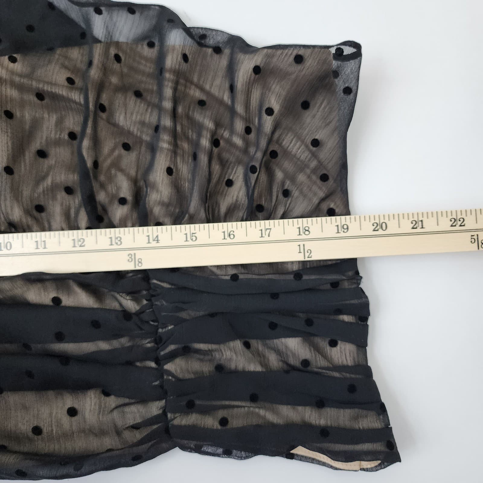 Black Polka Dot One Shoulder Tie Top Sheer Ruched Smocked Back Blouse - Thumbnail 3