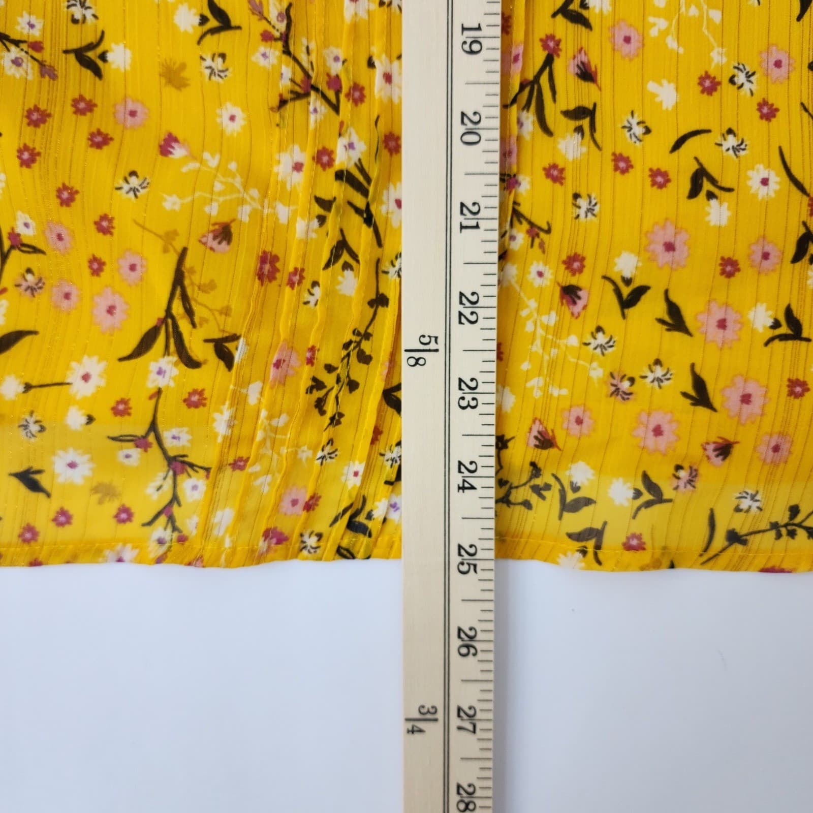 A Love Story Yellow Floral Halter Top XL Pleated Tie Shoulder Lurex Shimmer - Thumbnail 2