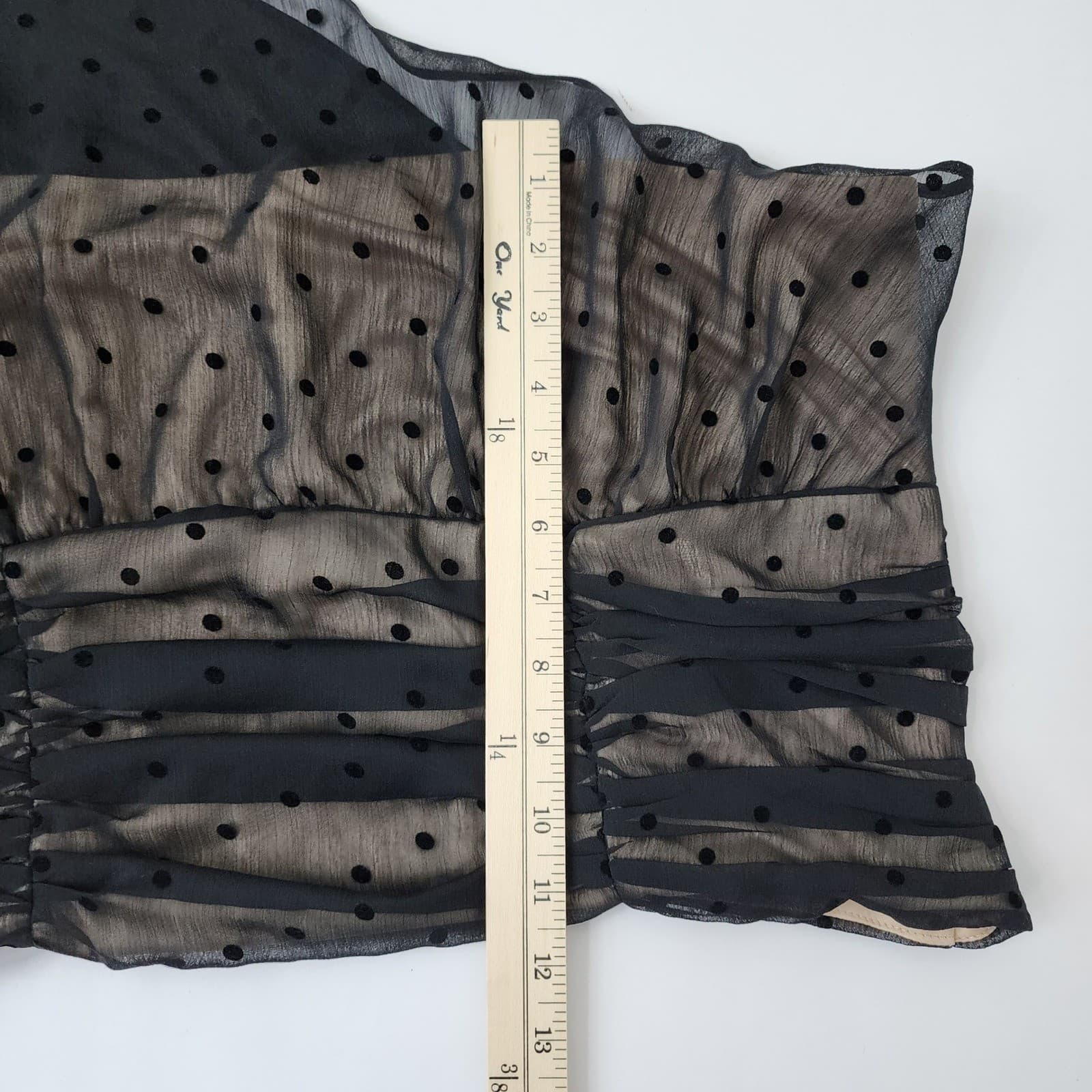 Black Polka Dot One Shoulder Tie Top Sheer Ruched Smocked Back Blouse - Thumbnail 2