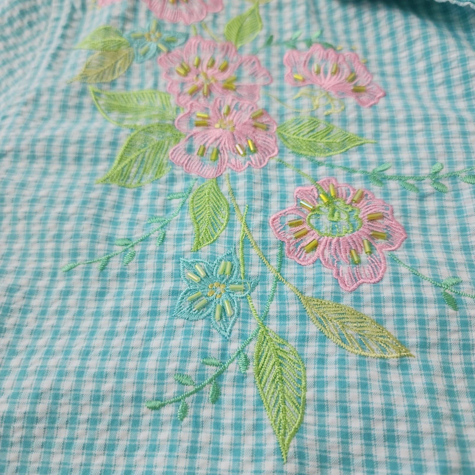 Drapers & Damons Teal Gingham Floral Embroidered Beaded Button Down Shirt L - Thumbnail 7