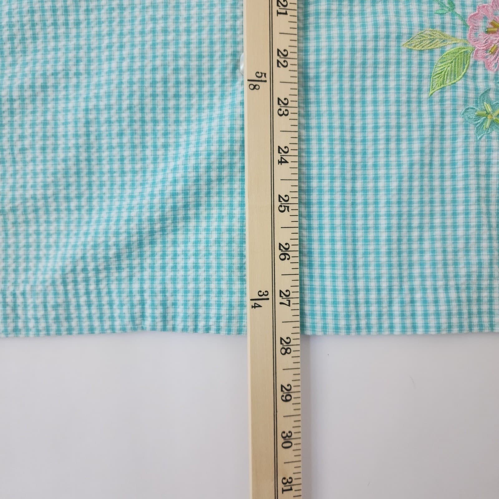 Drapers & Damons Teal Gingham Floral Embroidered Beaded Button Down Shirt L - Thumbnail 2