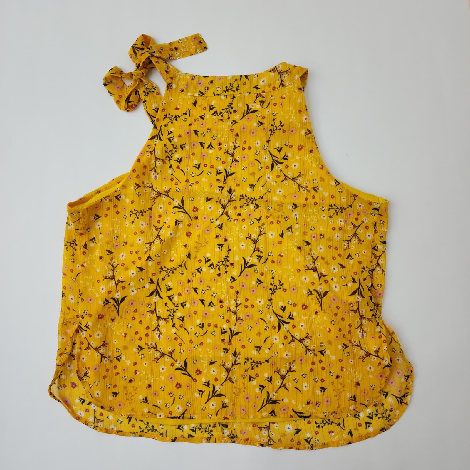 A Love Story Yellow Floral Halter Top XL Pleated Tie Shoulder Lurex Shimmer - Thumbnail 7