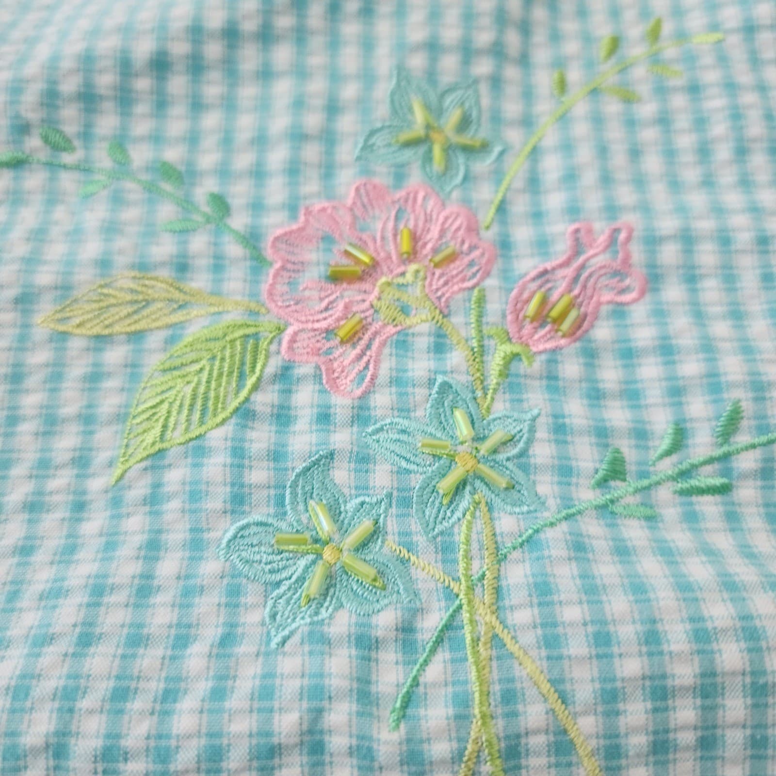 Drapers & Damons Teal Gingham Floral Embroidered Beaded Button Down Shirt L - Thumbnail 8
