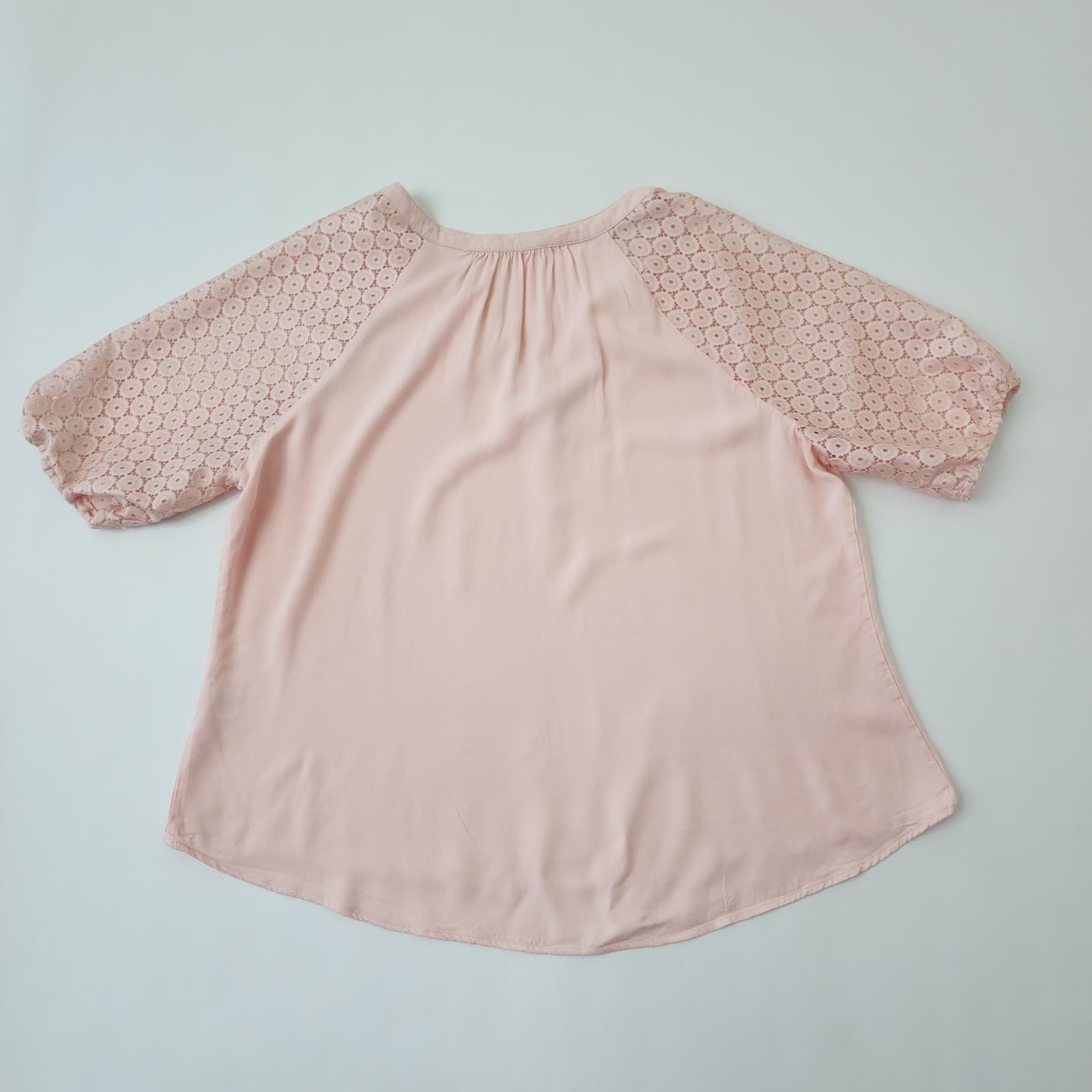 Retrology Pink Eyelet Lace Sleeve Henley Blouse XL Split Neck Short Sleeve Top - Thumbnail 7