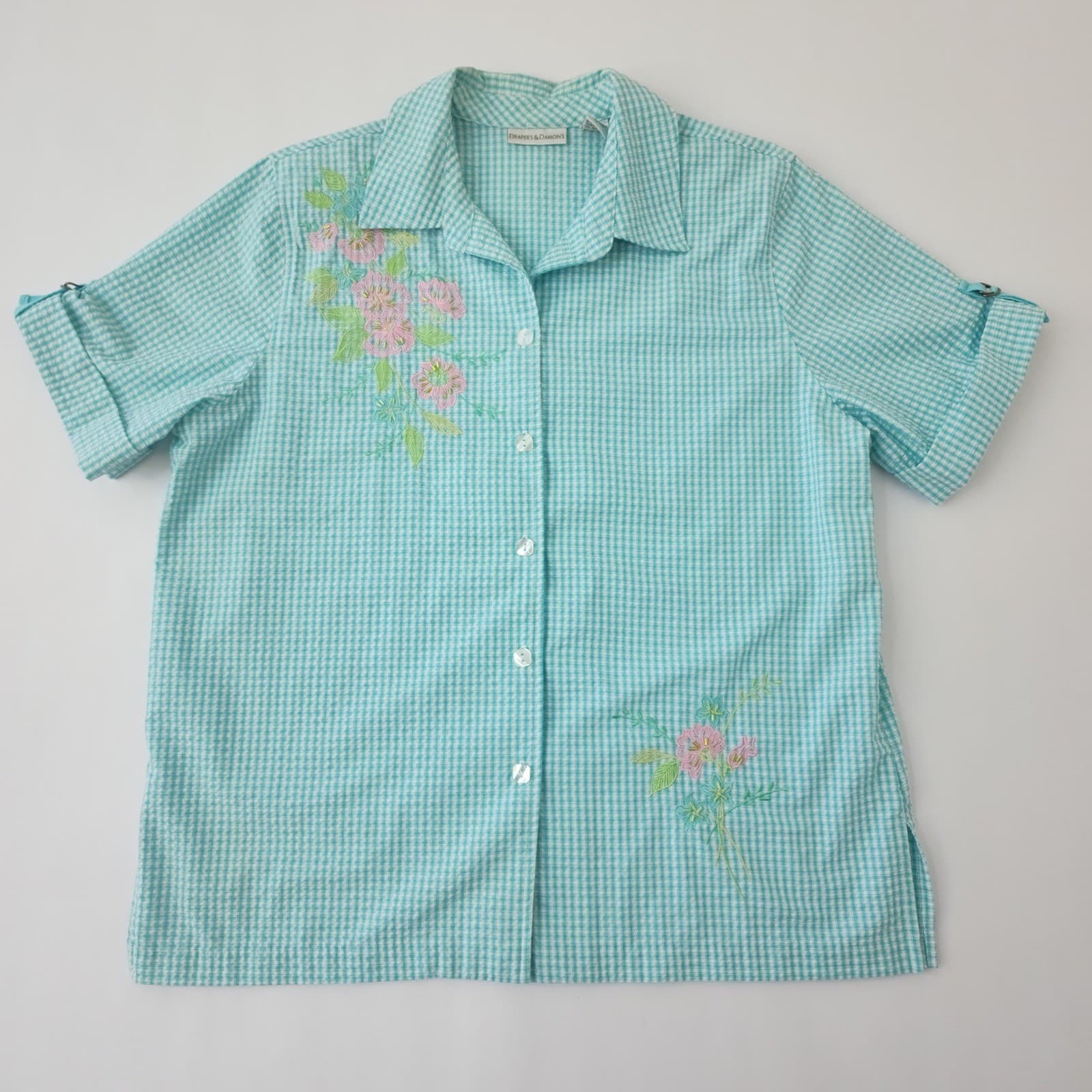 Drapers & Damons Teal Gingham Floral Embroidered Beaded Button Down Shirt L