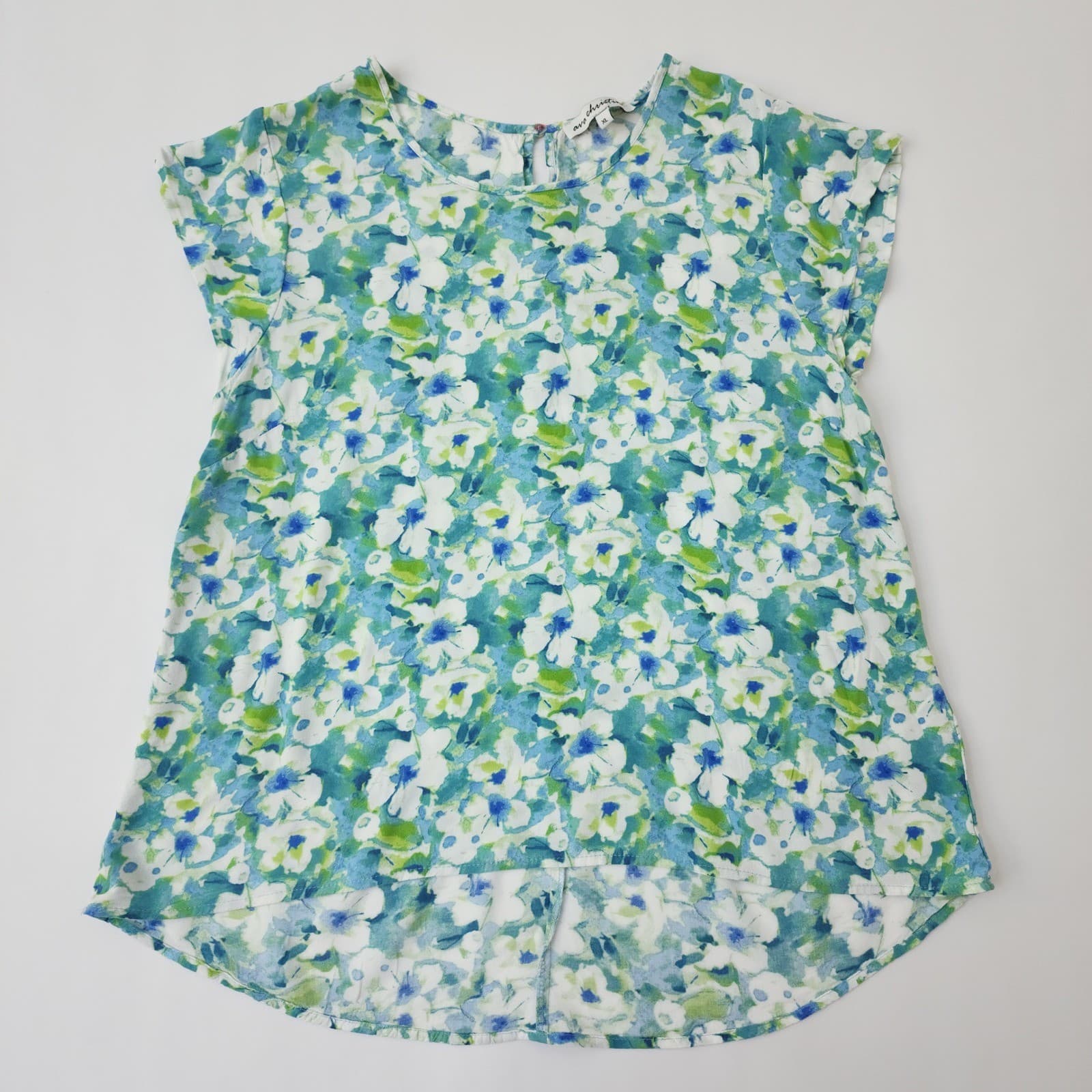 Ava Christine Womens XL Floral Cap Sleeve Blouse Blue Green Watercolor High Low