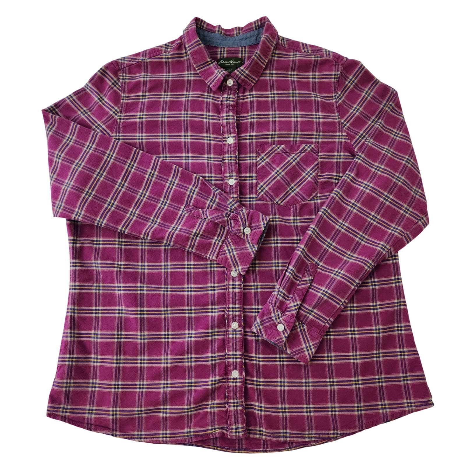 Eddie Bauer Womens XXL Magenta Purple Plaid Flannel Button Down Shirt
