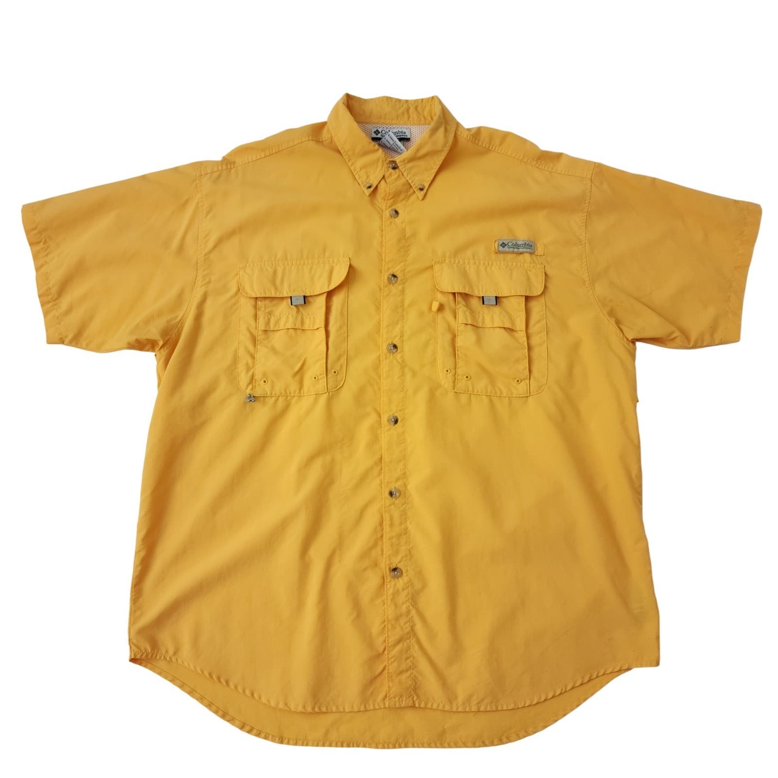 Columbia PFG Mens Large Yellow Short Sleeve Fishing Shirt Button Down Ventilated