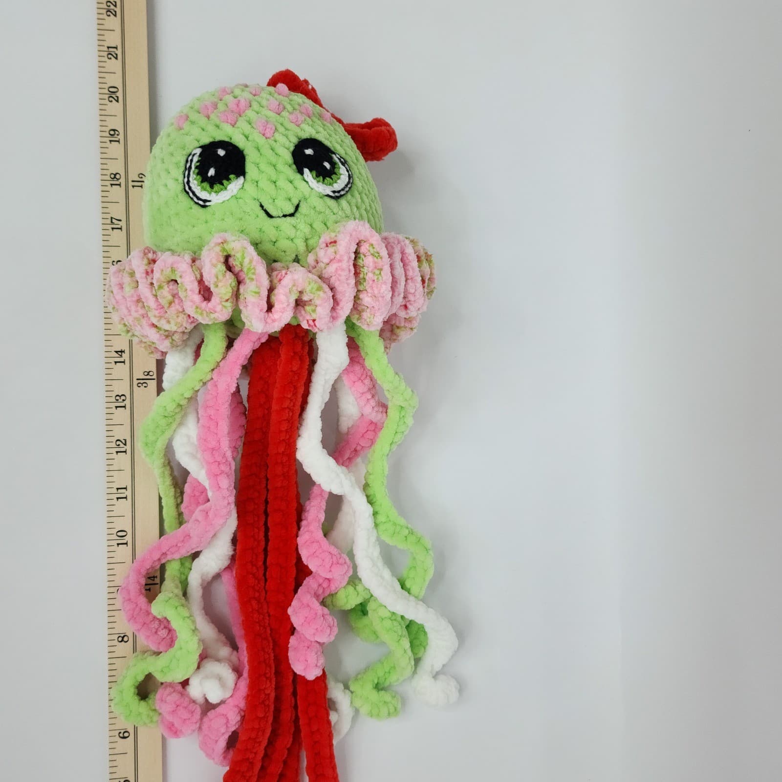 Handmade Crochet Jellyfish Plush Green Pink Red Amigurumi Stuffed Animal Toy - Thumbnail 10