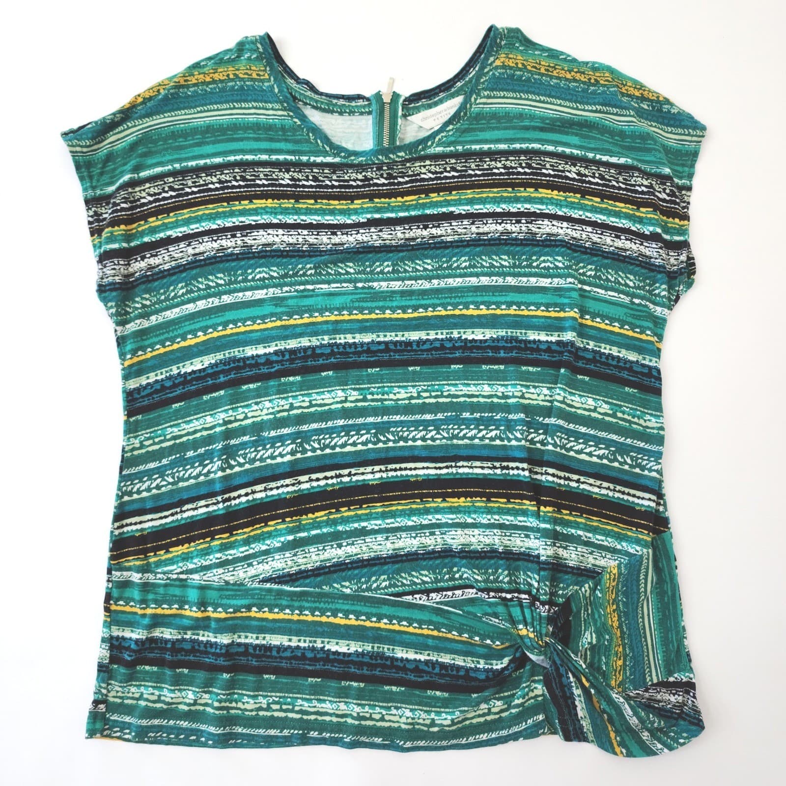 Christopher & Banks Petite Large Green Striped Side Knot Short Sleeve Top P/L