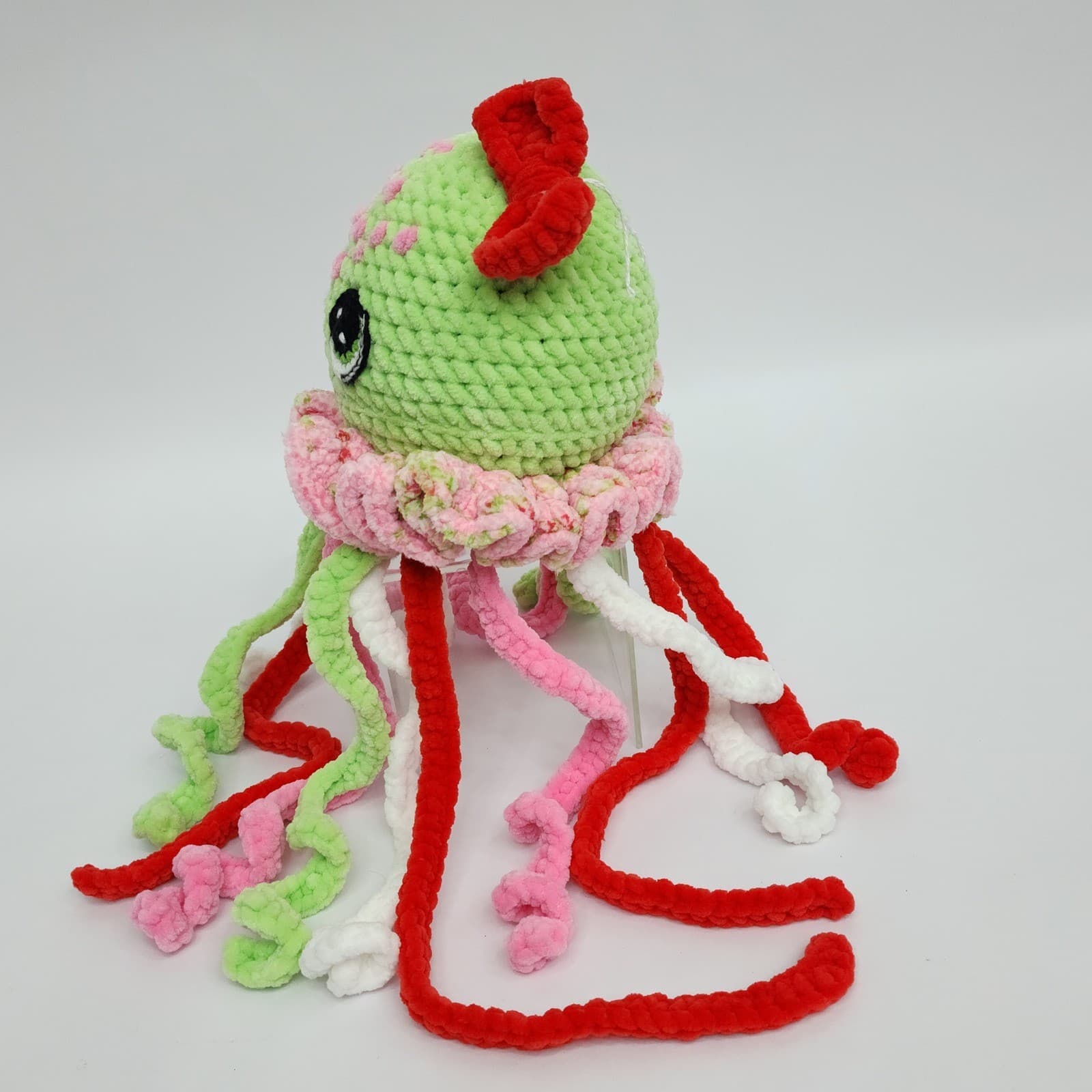 Handmade Crochet Jellyfish Plush Green Pink Red Amigurumi Stuffed Animal Toy - Thumbnail 4