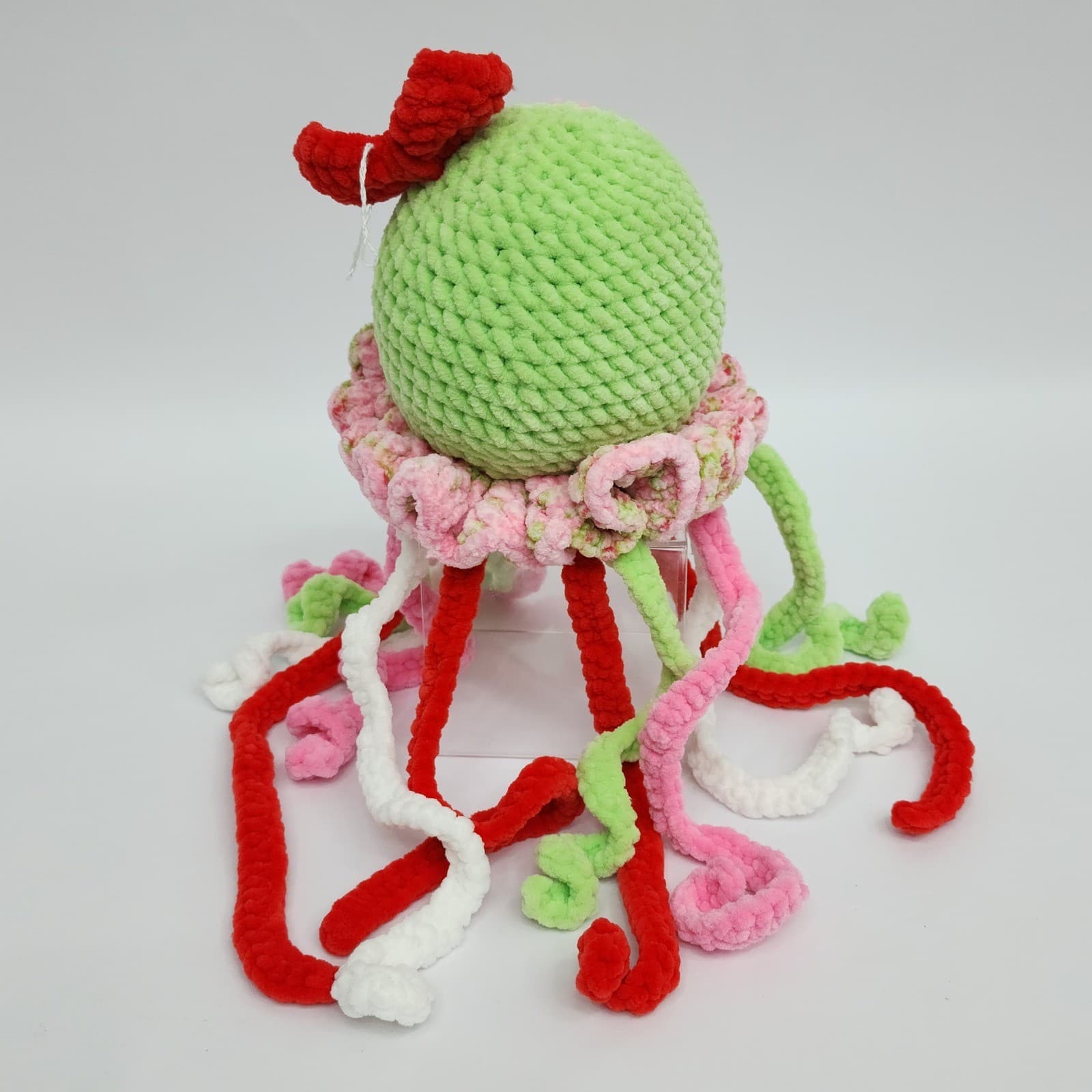 Handmade Crochet Jellyfish Plush Green Pink Red Amigurumi Stuffed Animal Toy - Thumbnail 5