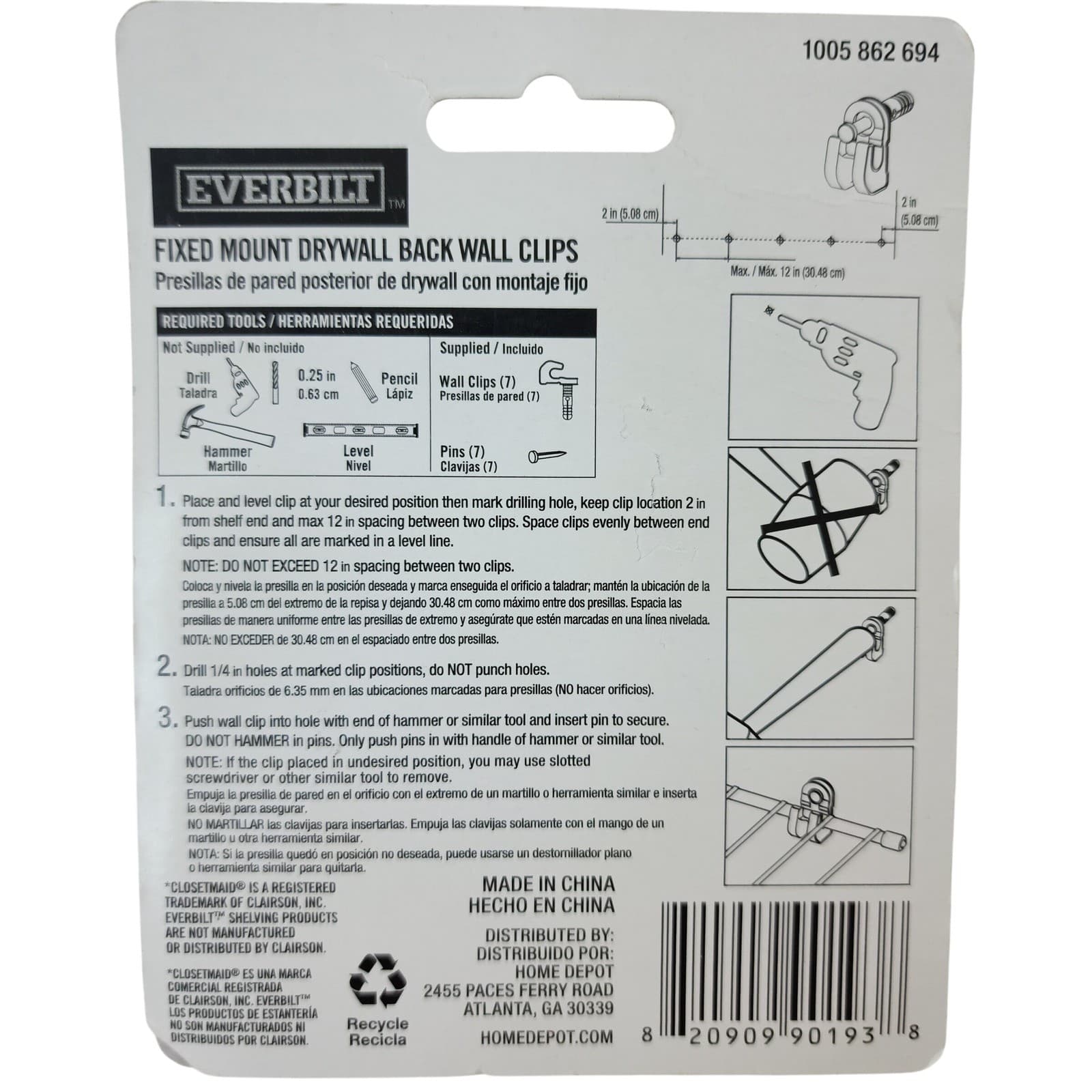 Everbilt Fixed Mount Drywall Back Wall Clips for Wire Shelving 7 Pack 1005862694 - Thumbnail 2