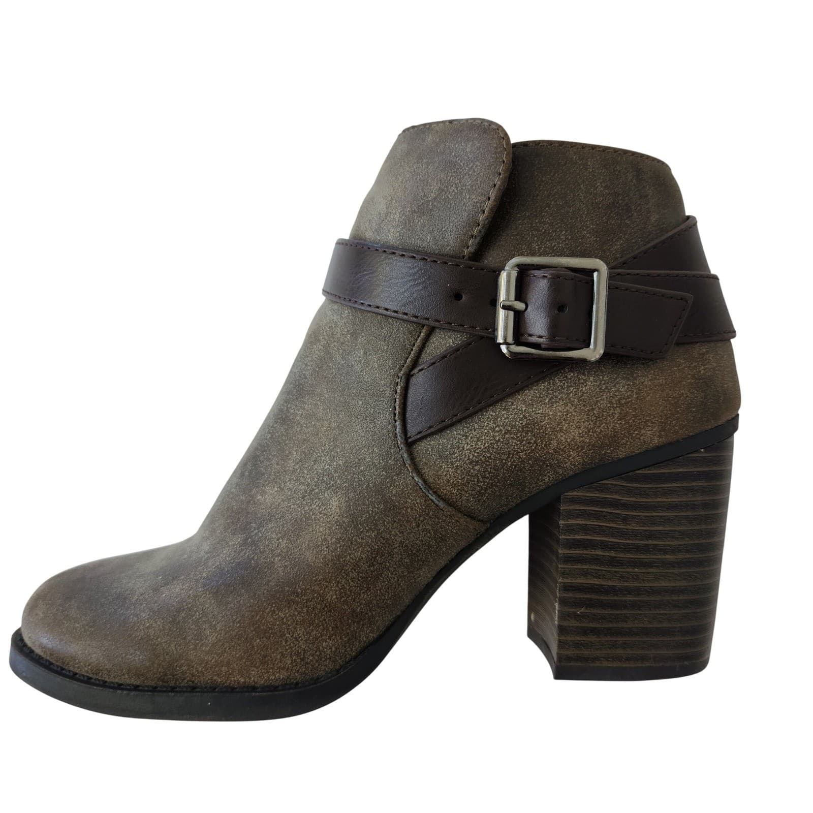 Soda Womens Olive Brown Distressed Faux Suede Buckle Strap Block Heel Ankle Boot - Thumbnail 4