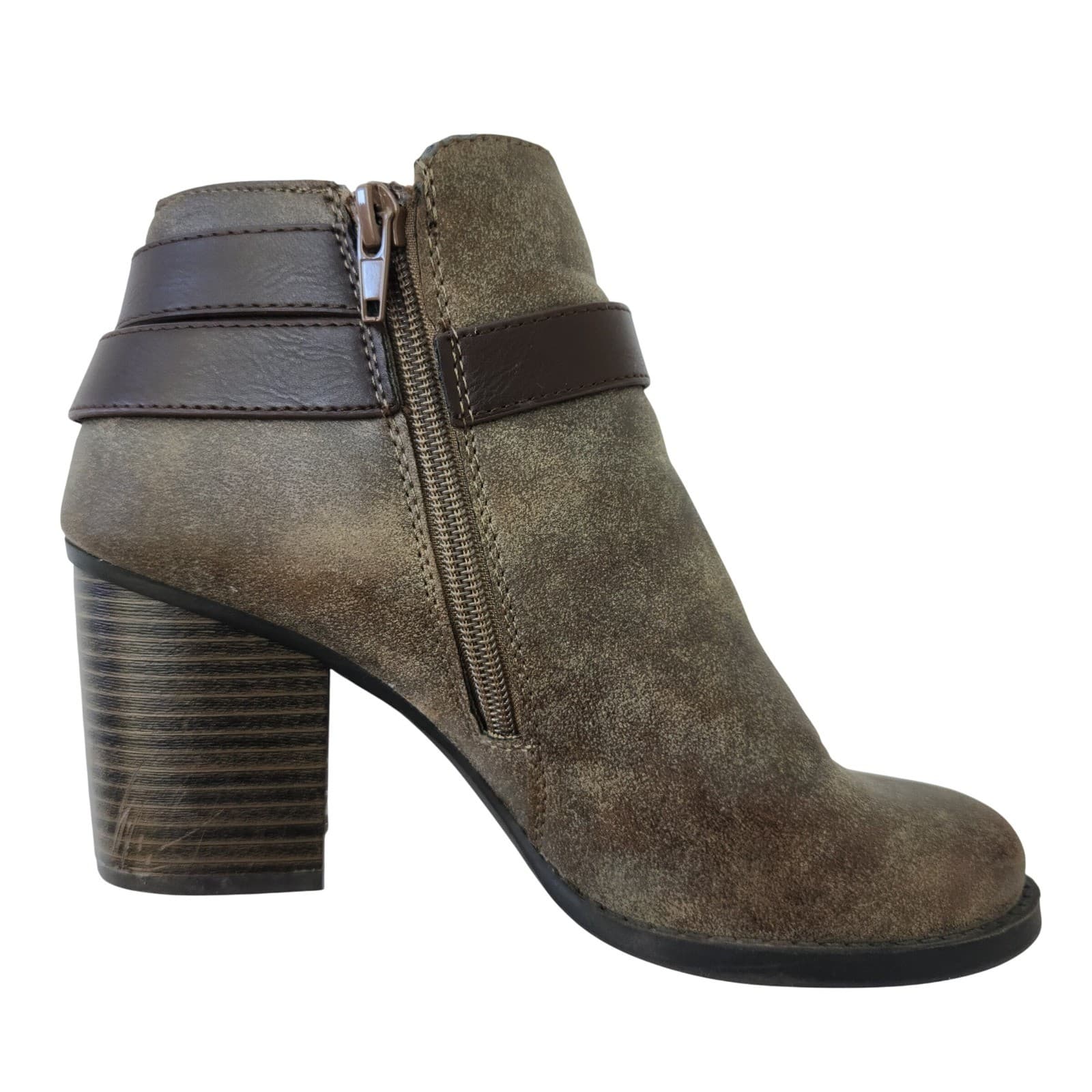 Soda Womens Olive Brown Distressed Faux Suede Buckle Strap Block Heel Ankle Boot - Thumbnail 5