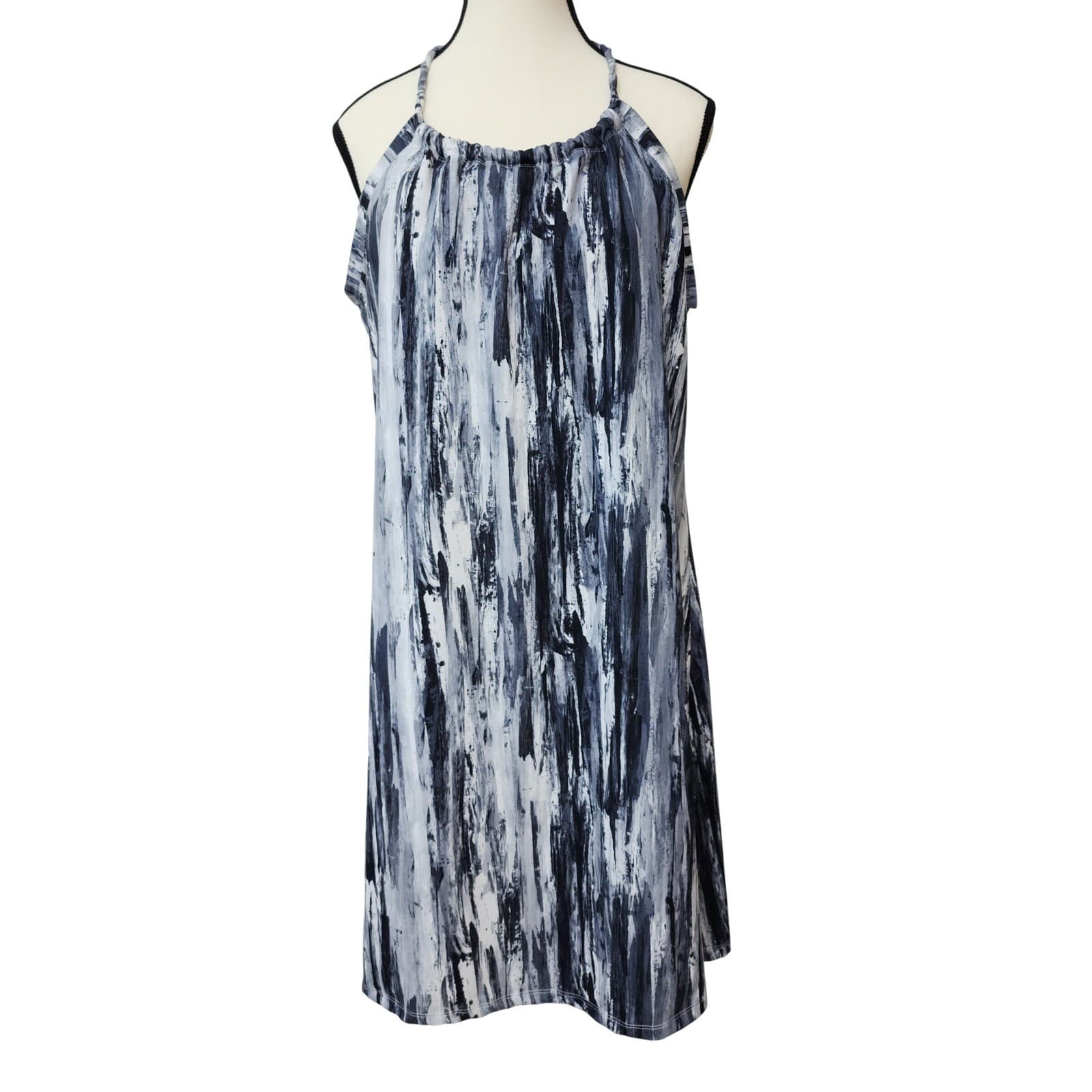Peace & Pearls Blue Abstract Brushstroke T-Back Halter Shift Dress XL