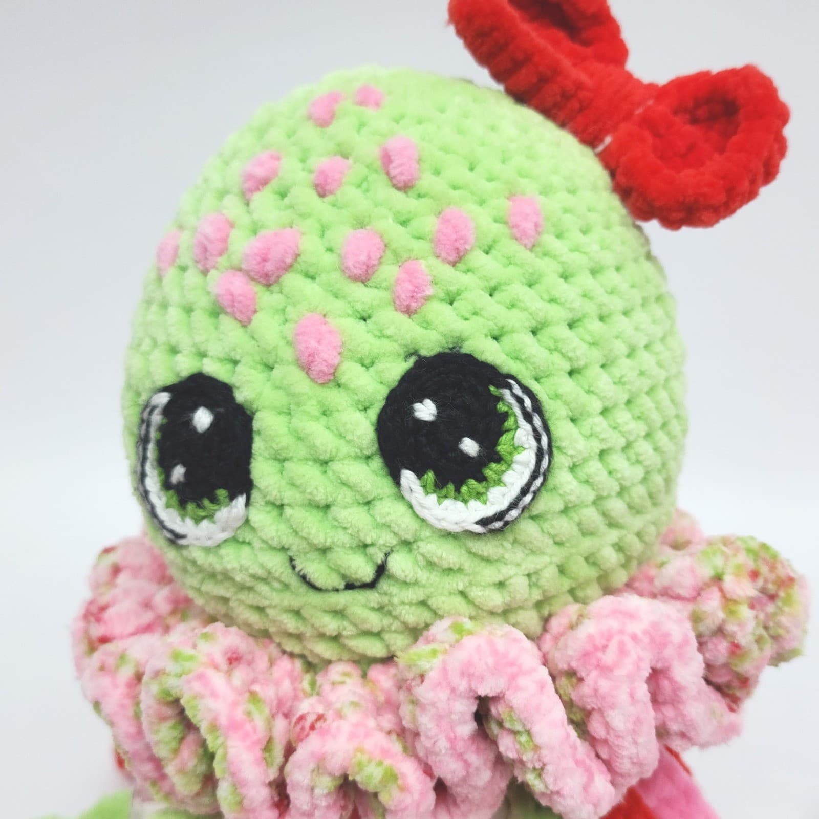 Handmade Crochet Jellyfish Plush Green Pink Red Amigurumi Stuffed Animal Toy - Thumbnail 2