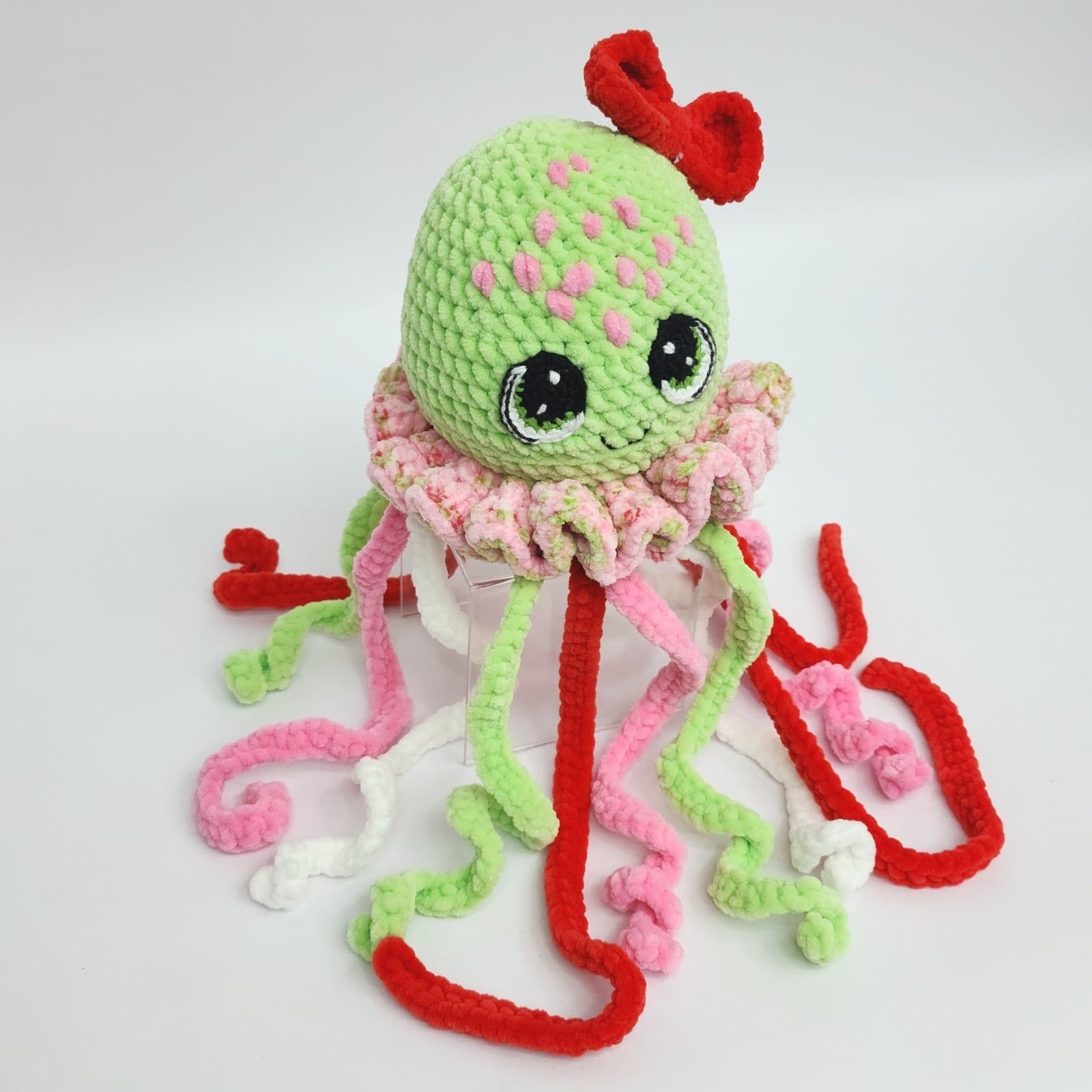 Handmade Crochet Jellyfish Plush Green Pink Red Amigurumi Stuffed Animal Toy - Thumbnail 3