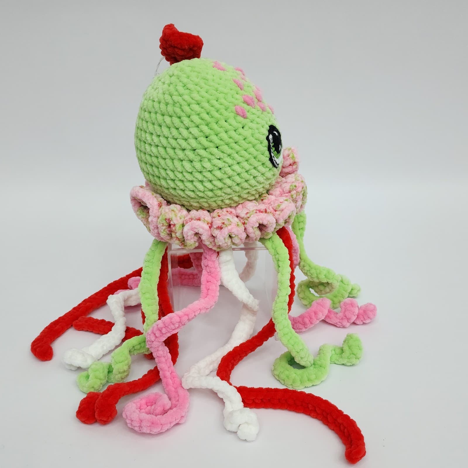 Handmade Crochet Jellyfish Plush Green Pink Red Amigurumi Stuffed Animal Toy - Thumbnail 6