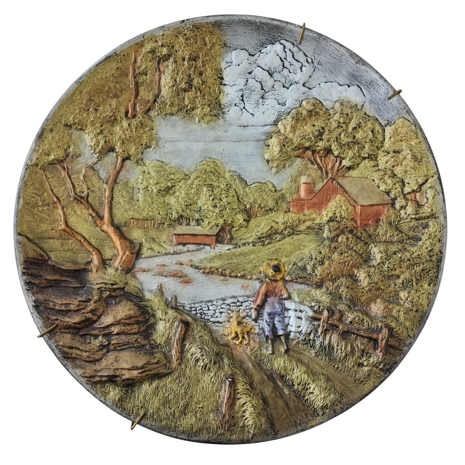 Vintage 1972 Byron Molds Ceramic 3D Relief Plate Country Landscape Boy & Dog