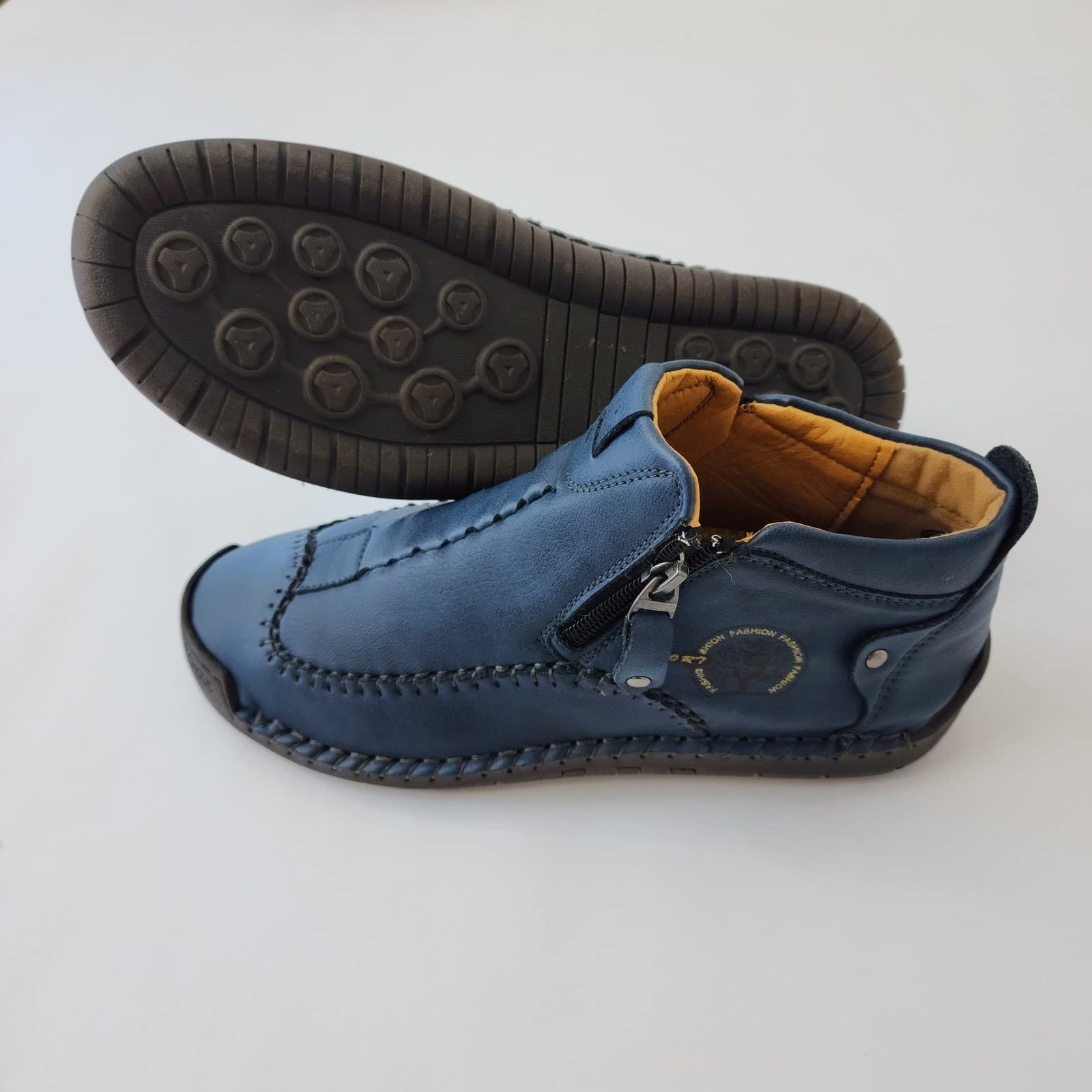 Fashion Sport Blue Leather Hand Stitched Ankle Boots Side Zip Men's 7 - Thumbnail 3
