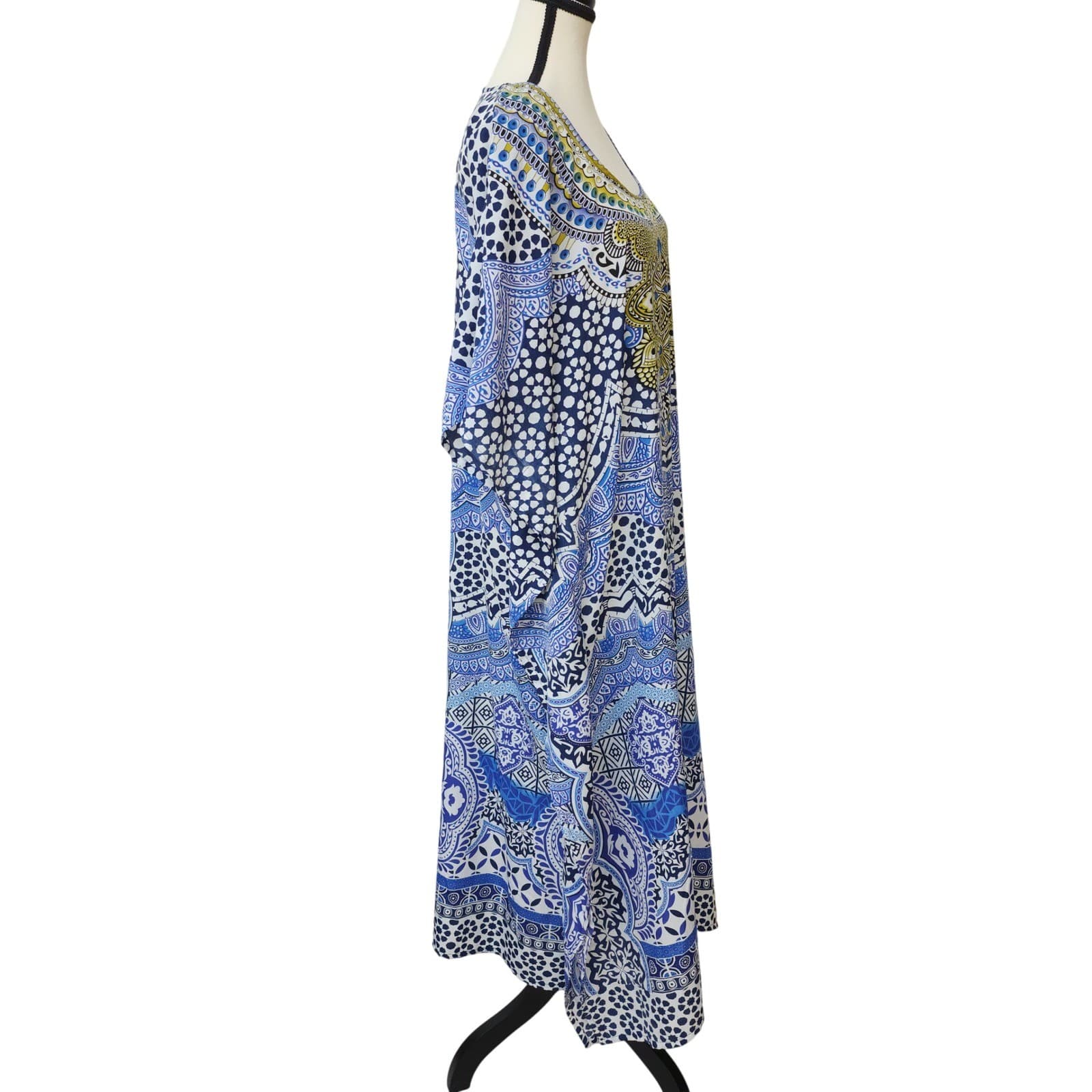 Miss Lavish London Kaftan Dress Blue White Paisley Geometric ONE SIZE Boho. - Thumbnail 4