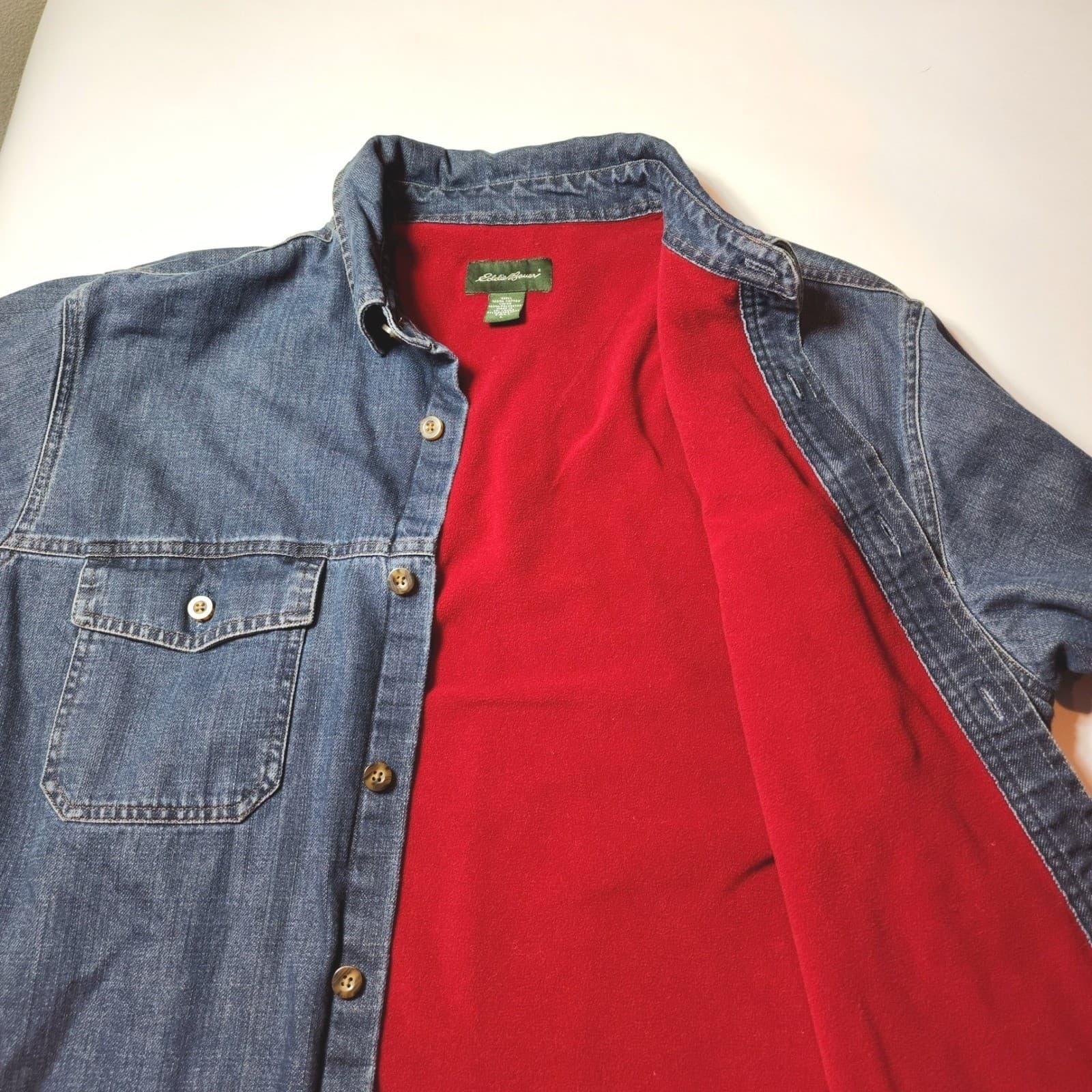 Eddie Bauer Mens Large Tall Denim Shirt Flannel Lined Blue Red Button Up Jacket - Thumbnail 4