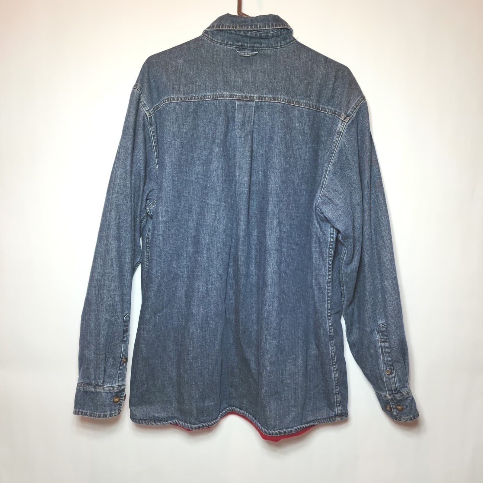 Eddie Bauer Mens Large Tall Denim Shirt Flannel Lined Blue Red Button Up Jacket - Thumbnail 2
