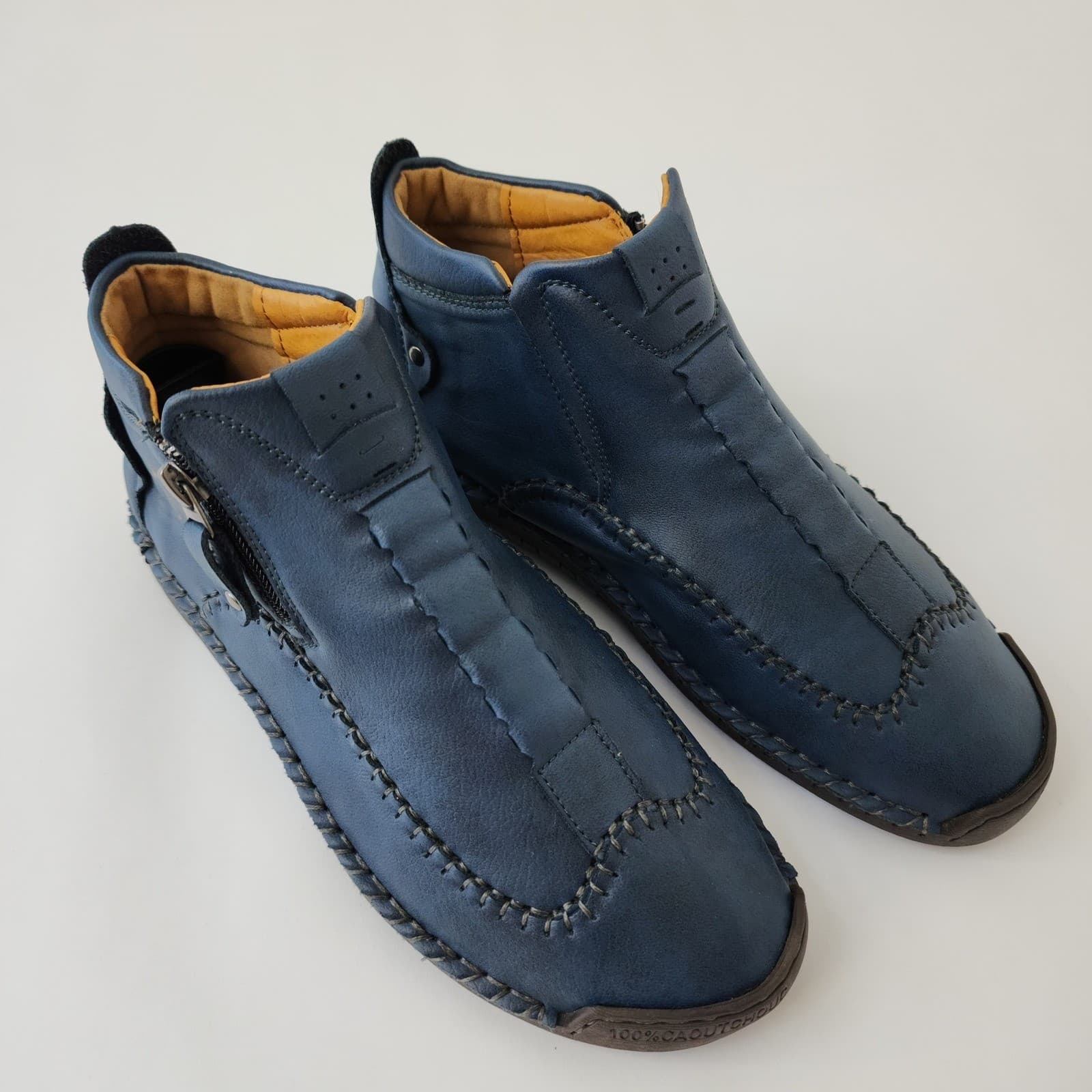 Fashion Sport Blue Leather Hand Stitched Ankle Boots Side Zip Men's 7 - Thumbnail 2