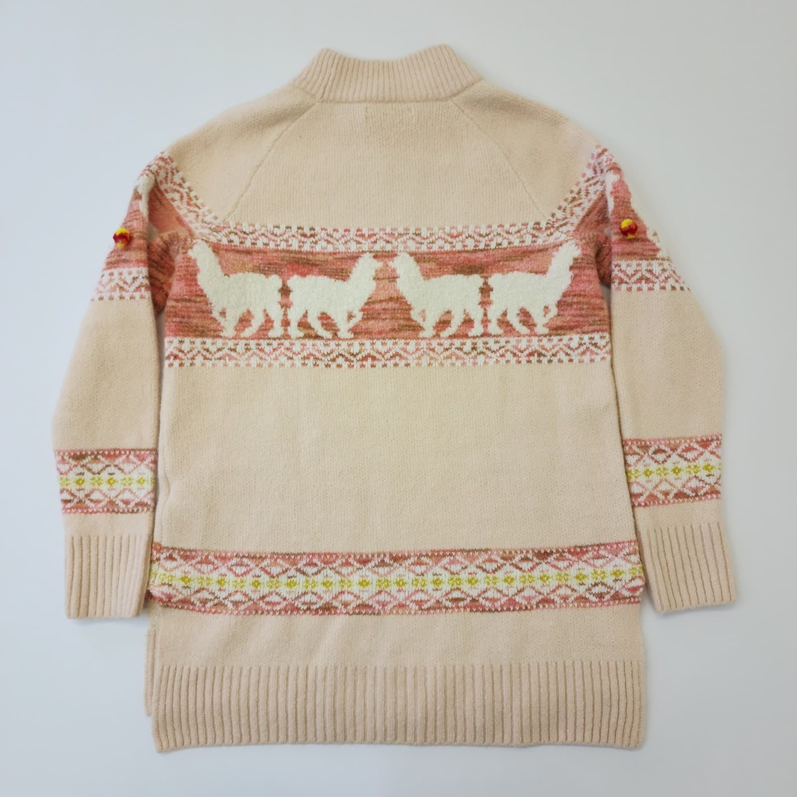 Anthropologie Llama Intarsia Mock Neck Sweater Cream Pink Pom Pom Womens Small - Thumbnail 10
